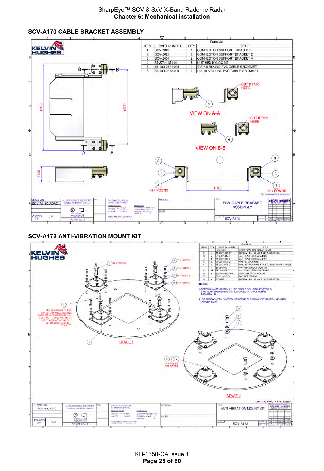 SharpEye™ SCV &amp; SxV X-Band Radome Radar Chapter 6: Mechanical installation  KH-1650-CA issue 1 Page 25 of 60 SCV-A170 CABLE BRACKET ASSEMBLY   SCV-A172 ANTI-VIBRATION MOUNT KIT   