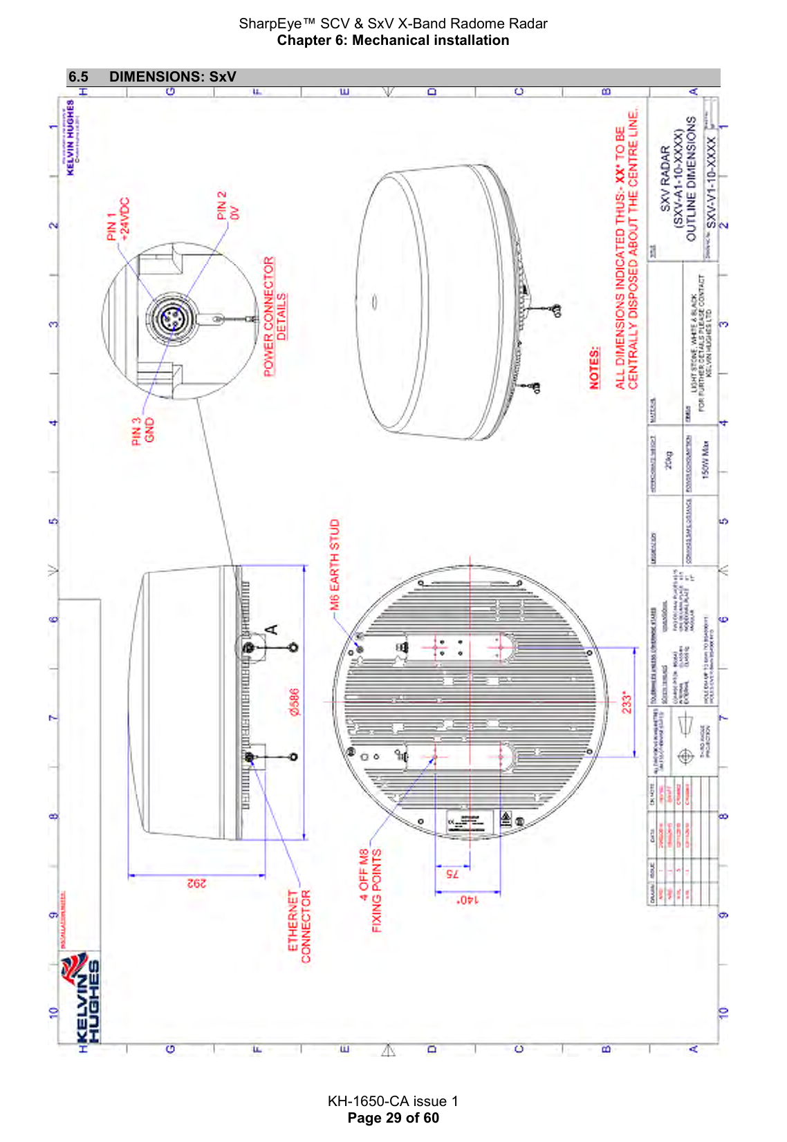 SharpEye™ SCV &amp; SxV X-Band Radome Radar Chapter 6: Mechanical installation  KH-1650-CA issue 1 Page 29 of 60 6.5  DIMENSIONS: SxV  