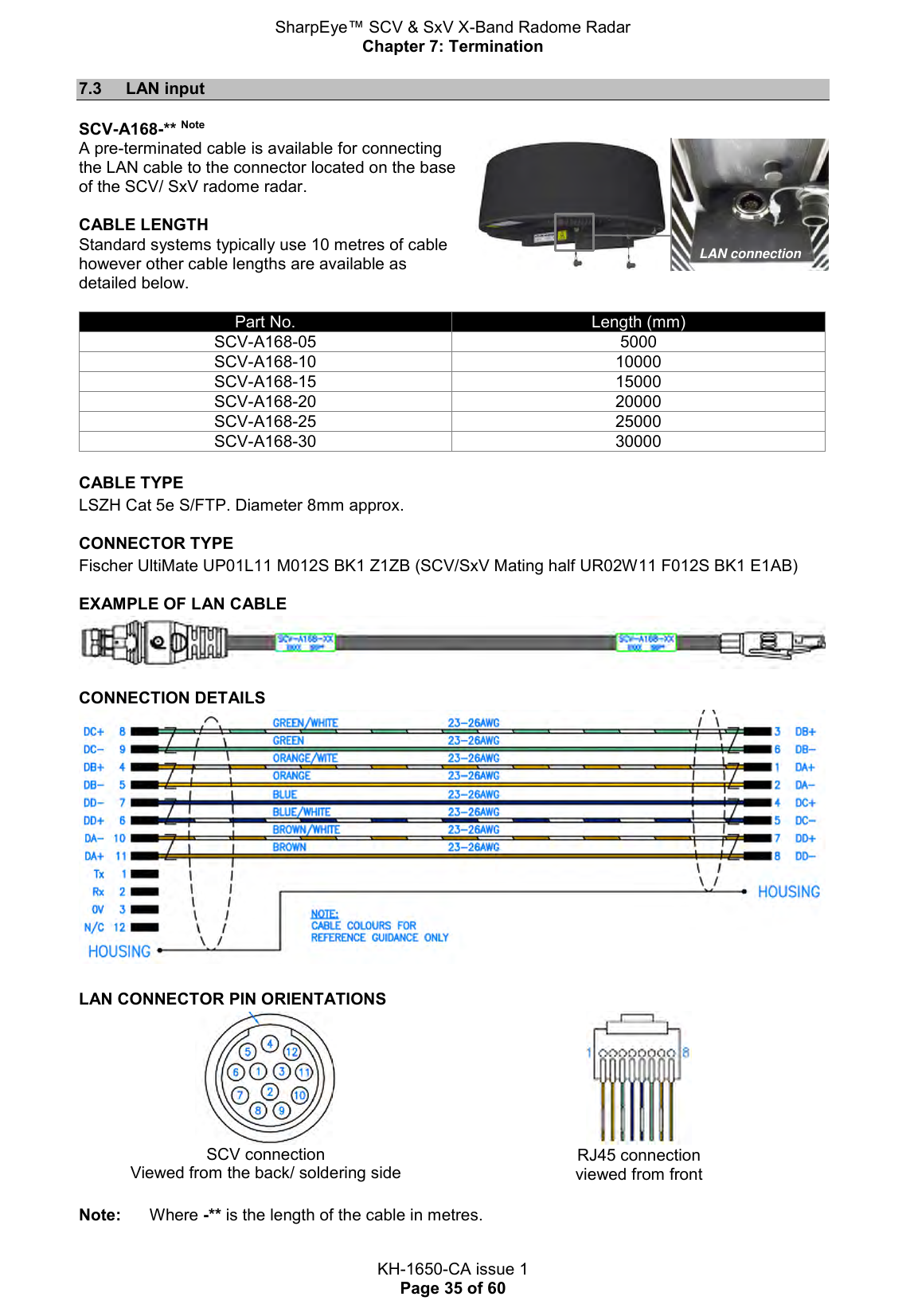 SharpEye™ SCV &amp; SxV X-Band Radome Radar Chapter 7: Termination  KH-1650-CA issue 1 Page 35 of 60 7.3  LAN input  SCV-A168-** Note A pre-terminated cable is available for connecting the LAN cable to the connector located on the base of the SCV/ SxV radome radar. CABLE LENGTH Standard systems typically use 10 metres of cable however other cable lengths are available as detailed below.    Part No. Length (mm) SCV-A168-05 5000 SCV-A168-10 10000 SCV-A168-15 15000 SCV-A168-20 20000 SCV-A168-25 25000 SCV-A168-30 30000  CABLE TYPE LSZH Cat 5e S/FTP. Diameter 8mm approx. CONNECTOR TYPE Fischer UltiMate UP01L11 M012S BK1 Z1ZB (SCV/SxV Mating half UR02W11 F012S BK1 E1AB) EXAMPLE OF LAN CABLE  CONNECTION DETAILS   LAN CONNECTOR PIN ORIENTATIONS  SCV connection Viewed from the back/ soldering side  RJ45 connection viewed from front  Note:   Where -** is the length of the cable in metres. LAN connection 