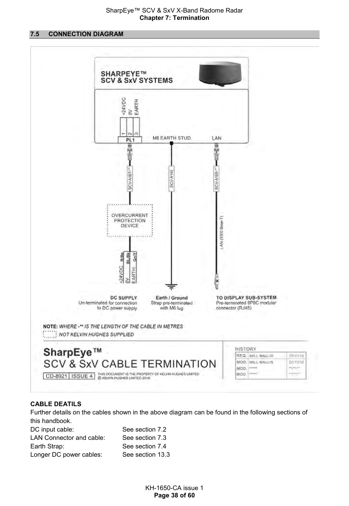 SharpEye™ SCV &amp; SxV X-Band Radome Radar Chapter 7: Termination  KH-1650-CA issue 1 Page 38 of 60 7.5  CONNECTION DIAGRAM  CABLE DEATILS Further details on the cables shown in the above diagram can be found in the following sections of this handbook. DC input cable:     See section 7.2 LAN Connector and cable:   See section 7.3 Earth Strap:      See section 7.4 Longer DC power cables:  See section 13.3    