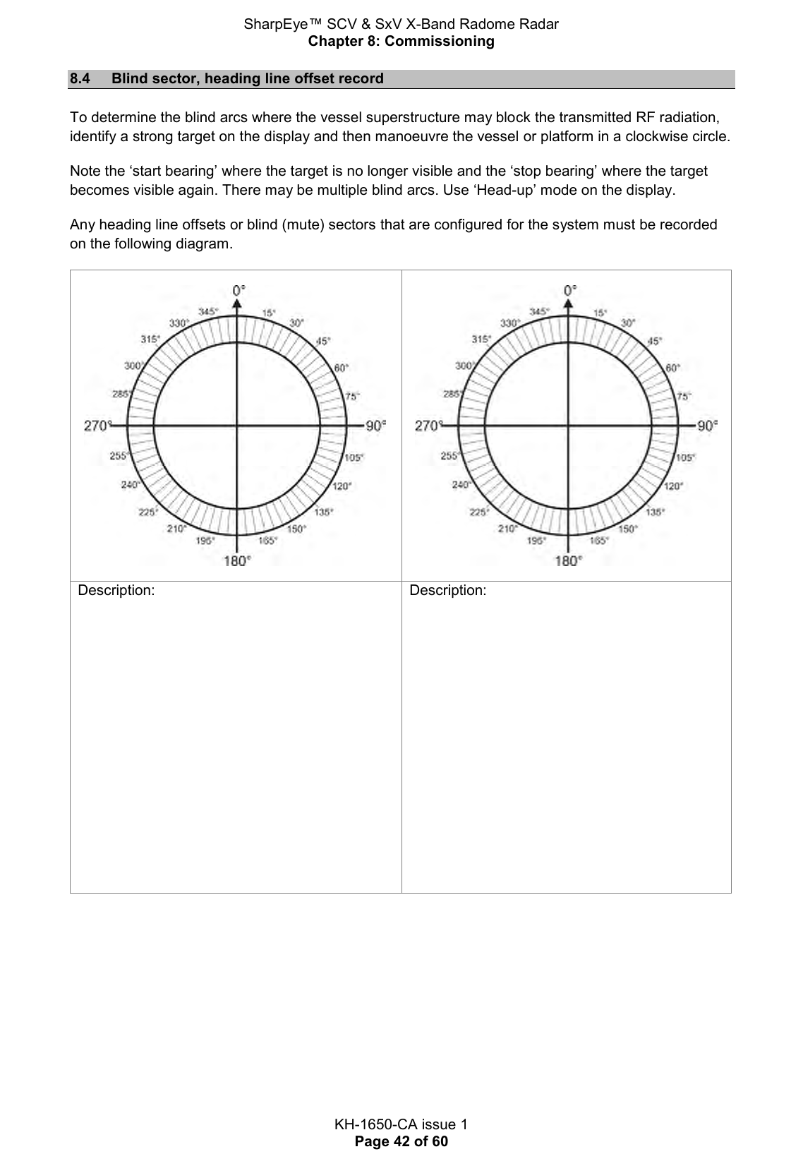 SharpEye™ SCV &amp; SxV X-Band Radome Radar Chapter 8: Commissioning  KH-1650-CA issue 1 Page 42 of 60 8.4  Blind sector, heading line offset record  To determine the blind arcs where the vessel superstructure may block the transmitted RF radiation, identify a strong target on the display and then manoeuvre the vessel or platform in a clockwise circle.  Note the ‘start bearing’ where the target is no longer visible and the ‘stop bearing’ where the target becomes visible again. There may be multiple blind arcs. Use ‘Head-up’ mode on the display. Any heading line offsets or blind (mute) sectors that are configured for the system must be recorded on the following diagram.   Description: Description:    