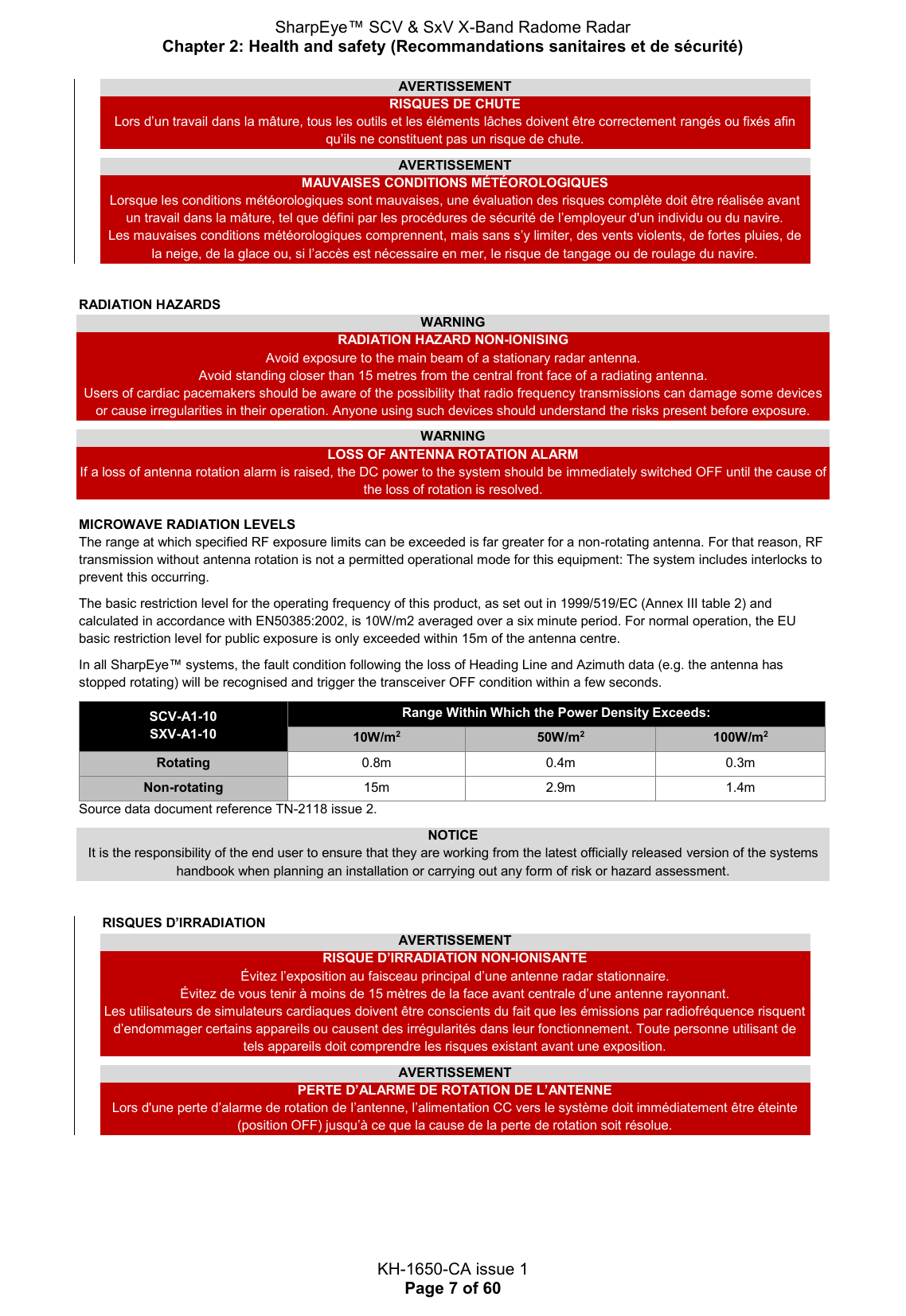 SharpEye™ SCV &amp; SxV X-Band Radome Radar Chapter 2: Health and safety (Recommandations sanitaires et de sécurité)  KH-1650-CA issue 1 Page 7 of 60 AVERTISSEMENT RISQUES DE CHUTE Lors d’un travail dans la mâture, tous les outils et les éléments lâches doivent être correctement rangés ou fixés afin qu’ils ne constituent pas un risque de chute.  AVERTISSEMENT MAUVAISES CONDITIONS MÉTÉOROLOGIQUES Lorsque les conditions météorologiques sont mauvaises, une évaluation des risques complète doit être réalisée avant un travail dans la mâture, tel que défini par les procédures de sécurité de l’employeur d&apos;un individu ou du navire. Les mauvaises conditions météorologiques comprennent, mais sans s’y limiter, des vents violents, de fortes pluies, de la neige, de la glace ou, si l’accès est nécessaire en mer, le risque de tangage ou de roulage du navire.  RADIATION HAZARDS WARNING RADIATION HAZARD NON-IONISING Avoid exposure to the main beam of a stationary radar antenna. Avoid standing closer than 15 metres from the central front face of a radiating antenna. Users of cardiac pacemakers should be aware of the possibility that radio frequency transmissions can damage some devices or cause irregularities in their operation. Anyone using such devices should understand the risks present before exposure.  WARNING LOSS OF ANTENNA ROTATION ALARM If a loss of antenna rotation alarm is raised, the DC power to the system should be immediately switched OFF until the cause of the loss of rotation is resolved.  MICROWAVE RADIATION LEVELS The range at which specified RF exposure limits can be exceeded is far greater for a non-rotating antenna. For that reason, RF transmission without antenna rotation is not a permitted operational mode for this equipment: The system includes interlocks to prevent this occurring.  The basic restriction level for the operating frequency of this product, as set out in 1999/519/EC (Annex III table 2) and calculated in accordance with EN50385:2002, is 10W/m2 averaged over a six minute period. For normal operation, the EU basic restriction level for public exposure is only exceeded within 15m of the antenna centre.  In all SharpEye™ systems, the fault condition following the loss of Heading Line and Azimuth data (e.g. the antenna has stopped rotating) will be recognised and trigger the transceiver OFF condition within a few seconds.  SCV-A1-10 SXV-A1-10 Range Within Which the Power Density Exceeds: 10W/m2 50W/m2 100W/m2 Rotating 0.8m 0.4m 0.3m Non-rotating 15m 2.9m 1.4m Source data document reference TN-2118 issue 2.  NOTICE It is the responsibility of the end user to ensure that they are working from the latest officially released version of the systems handbook when planning an installation or carrying out any form of risk or hazard assessment.   RISQUES D’IRRADIATION AVERTISSEMENT RISQUE D’IRRADIATION NON-IONISANTE Évitez l’exposition au faisceau principal d’une antenne radar stationnaire. Évitez de vous tenir à moins de 15 mètres de la face avant centrale d’une antenne rayonnant. Les utilisateurs de simulateurs cardiaques doivent être conscients du fait que les émissions par radiofréquence risquent d’endommager certains appareils ou causent des irrégularités dans leur fonctionnement. Toute personne utilisant de tels appareils doit comprendre les risques existant avant une exposition.  AVERTISSEMENT PERTE D’ALARME DE ROTATION DE L’ANTENNE Lors d&apos;une perte d’alarme de rotation de l’antenne, l’alimentation CC vers le système doit immédiatement être éteinte (position OFF) jusqu’à ce que la cause de la perte de rotation soit résolue.     