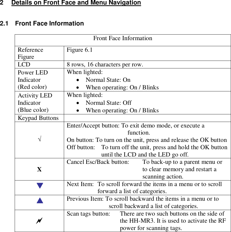2  Details on Front Face and Menu Navigation  2.1  Front Face Information  Front Face Information Reference Figure  Figure 6.1  LCD  8 rows, 16 characters per row.  Power LED Indicator (Red color) When lighted:   Normal State: On  When operating: On / Blinks Activity LED Indicator (Blue color) When lighted:  Normal State: Off   When operating: On / Blinks Keypad Buttons   √ Enter/Accept button: To exit demo mode, or execute a function. On button: To turn on the unit, press and release the OK button Off button:   To turn off the unit, press and hold the OK button until the LCD and the LED go off. X  Cancel Esc/Back button:   To back-up to a parent menu or to clear memory and restart a scanning action.  Next Item:  To scroll forward the items in a menu or to scroll forward a list of categories.   Previous Item: To scroll backward the items in a menu or to scroll backward a list of categories.   Scan tags button:   There are two such buttons on the side of the HH-MR3. It is used to activate the RF power for scanning tags.               