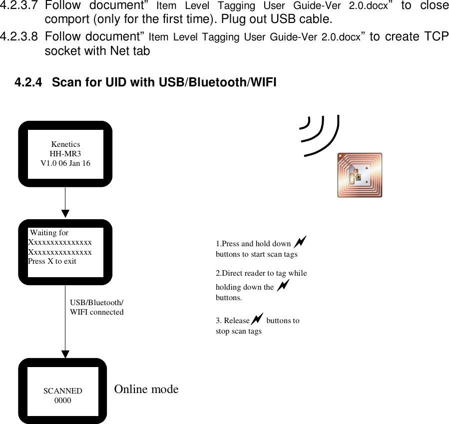 4.2.3.7  Follow  document”  Item  Level  Tagging  User  Guide-Ver  2.0.docx”  to  close comport (only for the first time). Plug out USB cable. 4.2.3.8  Follow document” Item Level Tagging User Guide-Ver 2.0.docx” to create TCP socket with Net tab  4.2.4  Scan for UID with USB/Bluetooth/WIFI                                           SCANNED 0000  USB/Bluetooth/WIFI connected  Waiting for Xxxxxxxxxxxxxxx Xxxxxxxxxxxxxxx Press X to exit 1.Press and hold down  buttons to start scan tags  2.Direct reader to tag while holding down the  buttons.  3. Release buttons to stop scan tags          Kenetics HH-MR3 V1.0 06 Jan 16 Online mode 