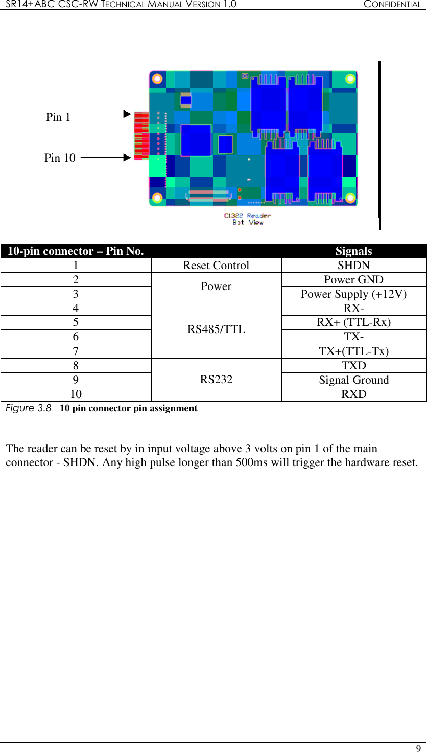 SR14+ABC CSC-RW TECHNICAL MANUAL VERSION 1.0  CONFIDENTIAL   9                                              10-pin connector – Pin No.    Signals 1  Reset Control  SHDN 2  Power GND 3  Power  Power Supply (+12V) 4  RX- 5  RX+ (TTL-Rx) 6  TX- 7 RS485/TTL TX+(TTL-Tx) 8  TXD 9  Signal Ground 10 RS232 RXD Figure 3.8  10 pin connector pin assignment   The reader can be reset by in input voltage above 3 volts on pin 1 of the main connector - SHDN. Any high pulse longer than 500ms will trigger the hardware reset.   Pin 1 Pin 10 