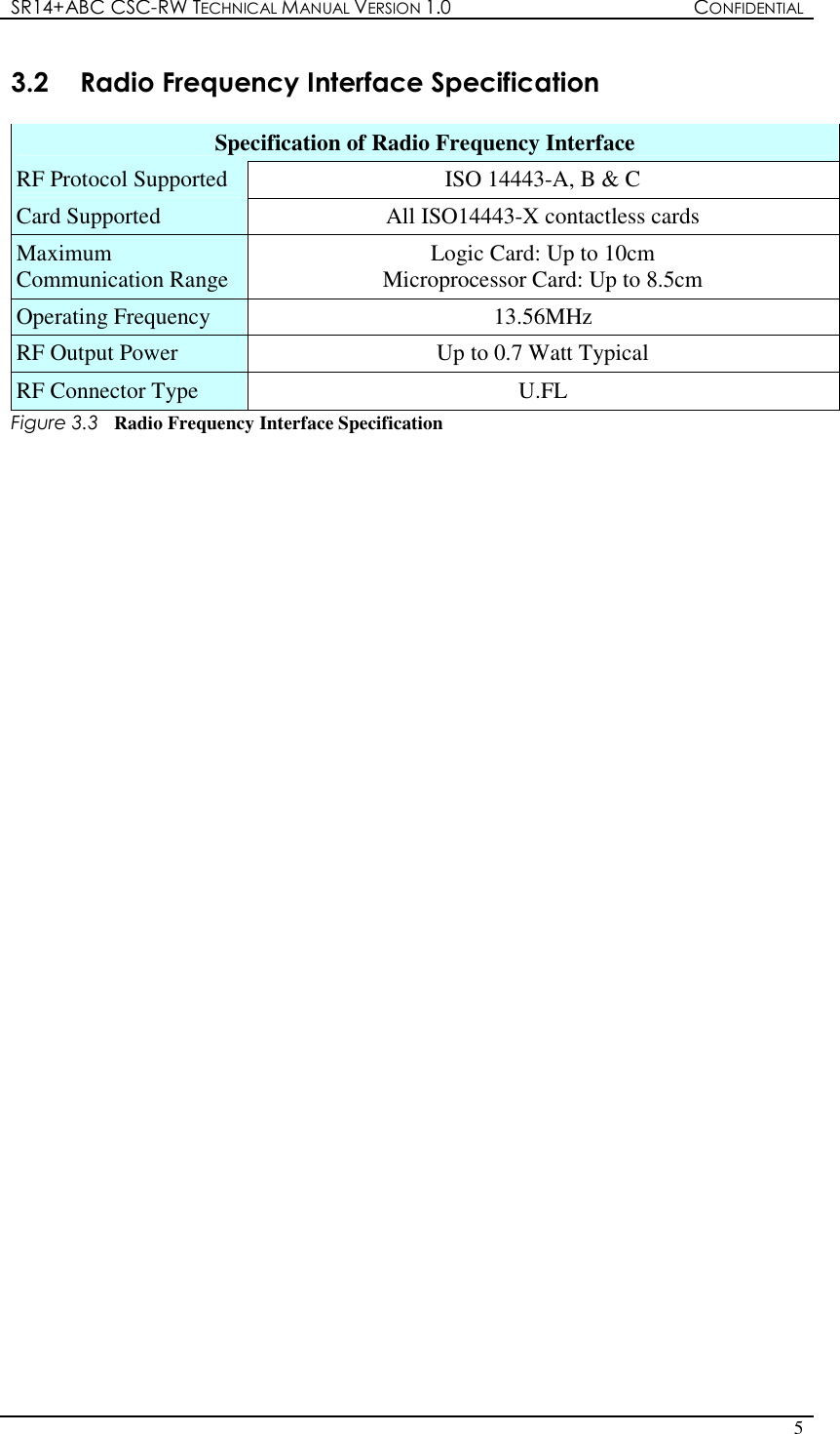 SR14+ABC CSC-RW TECHNICAL MANUAL VERSION 1.0  CONFIDENTIAL   5  3.2  Radio Frequency Interface Specification  Specification of Radio Frequency Interface RF Protocol Supported  ISO 14443-A, B &amp; C Card Supported   All ISO14443-X contactless cards Maximum Communication Range  Logic Card: Up to 10cm Microprocessor Card: Up to 8.5cm Operating Frequency  13.56MHz  RF Output Power  Up to 0.7 Watt Typical RF Connector Type  U.FL Figure 3.3  Radio Frequency Interface Specification               