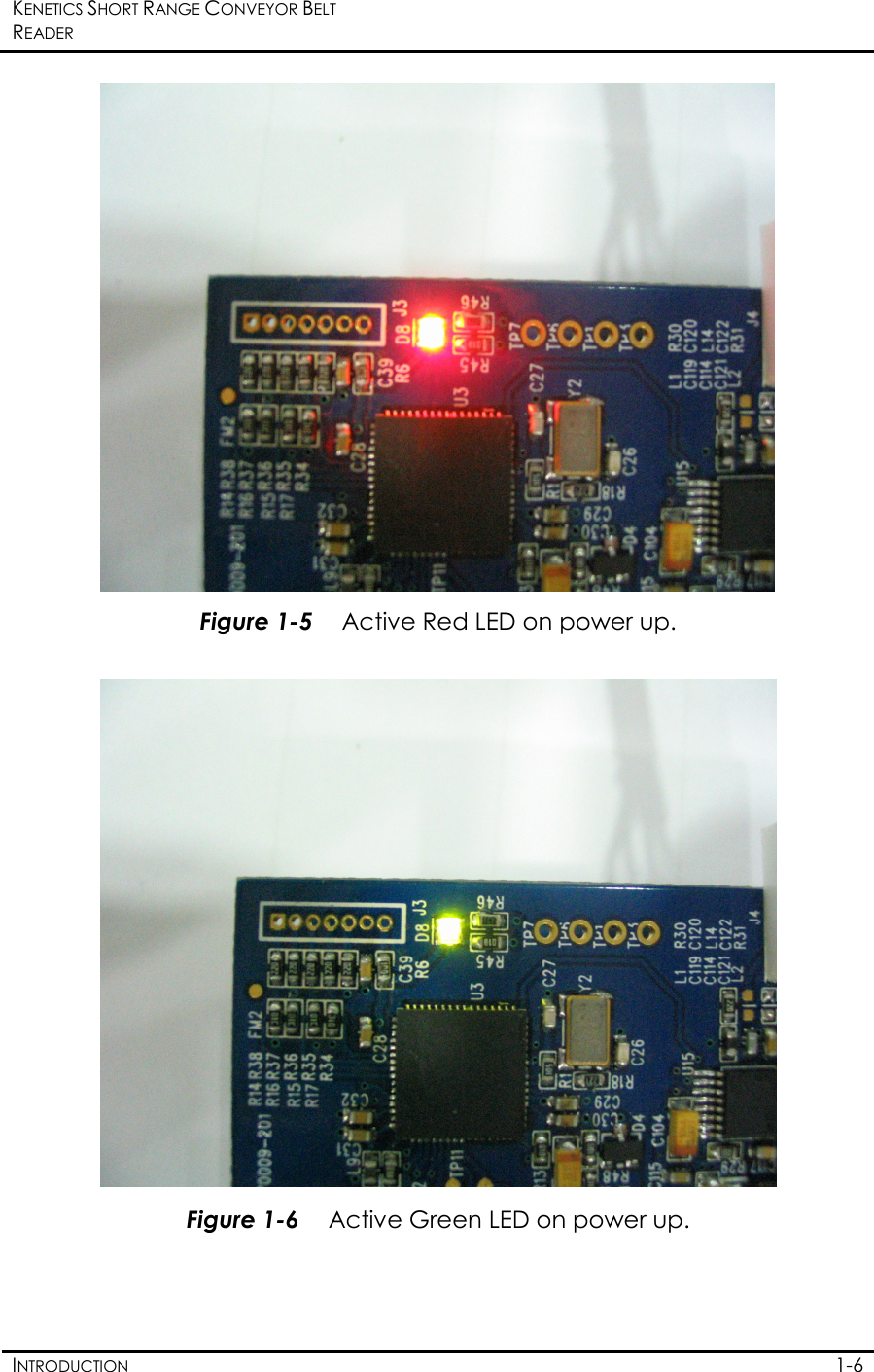 KENETICS SHORT RANGE CONVEYOR BELT READER    INTRODUCTION  1-6  Figure 1-5 Active Red LED on power up.    Figure 1-6 Active Green LED on power up. 