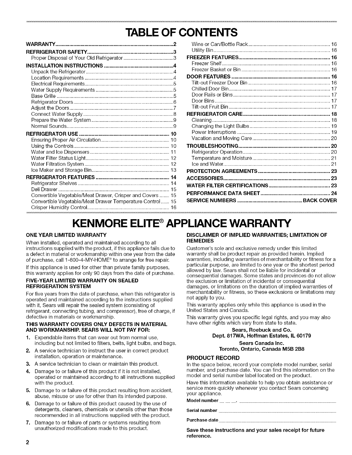 Kenmore Elite 10658162704 User Manual SIDE BY REFRIGERATOR Manuals And