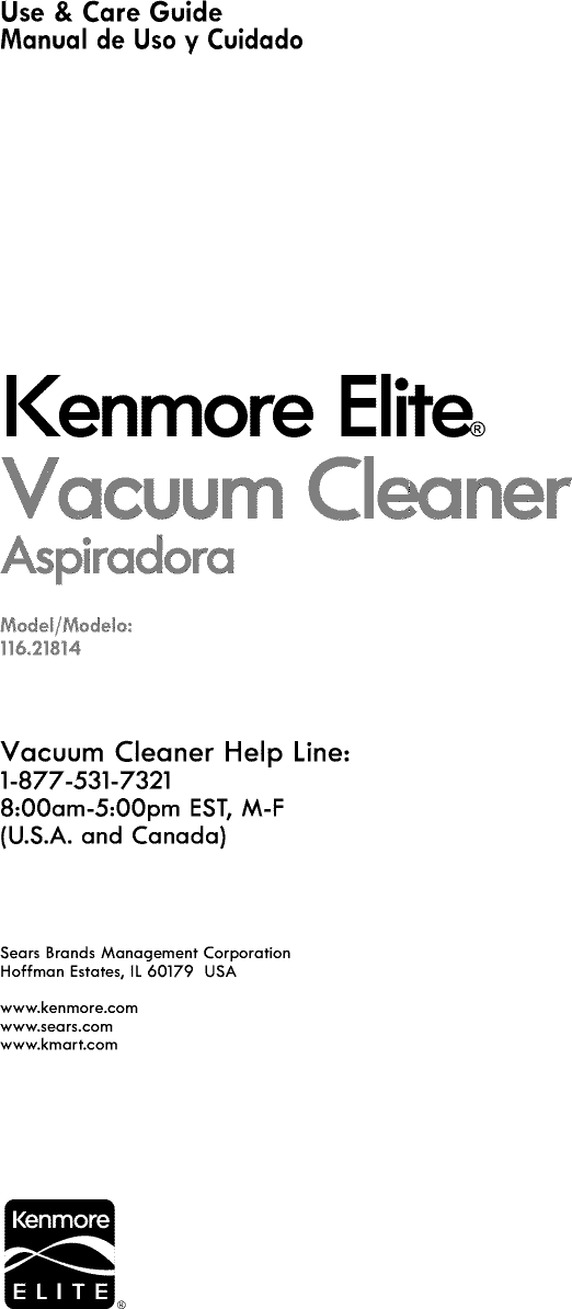 Kenmore Elite 11621814411 User Manual VACUUM Manuals And Guides 1501285L