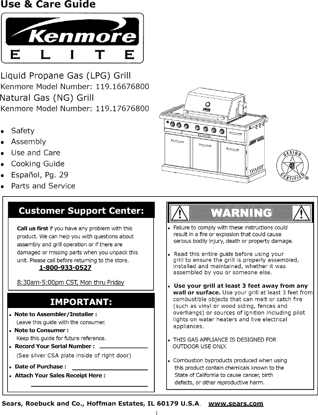 Kenmore Elite 11916676800 User Manual GAS GRILL Manuals And Guides L0802077