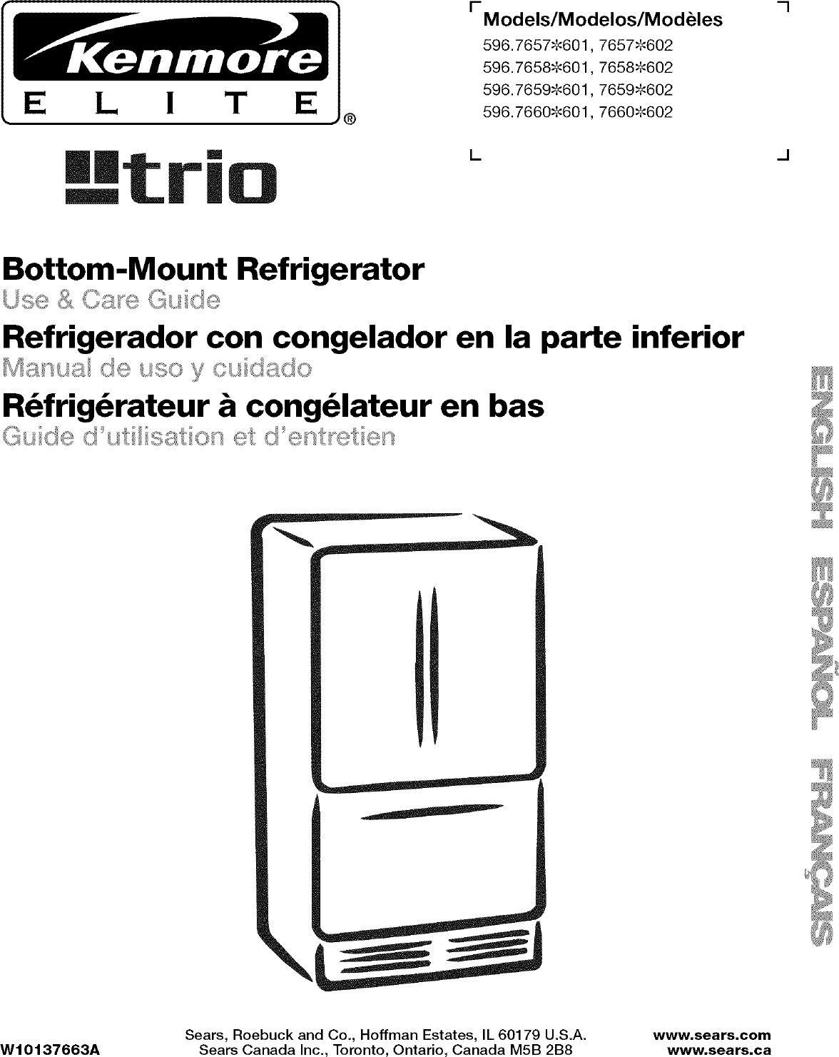 Kenmore Elite 59676572601 User Manual BOTTOM MOUNT REFRIGERATOR Manuals