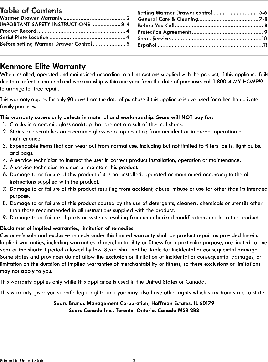 Page 2 of 10 - Kenmore Elite 79049283000 1008651L User Manual  WARMER DRAWER - Manuals And Guides