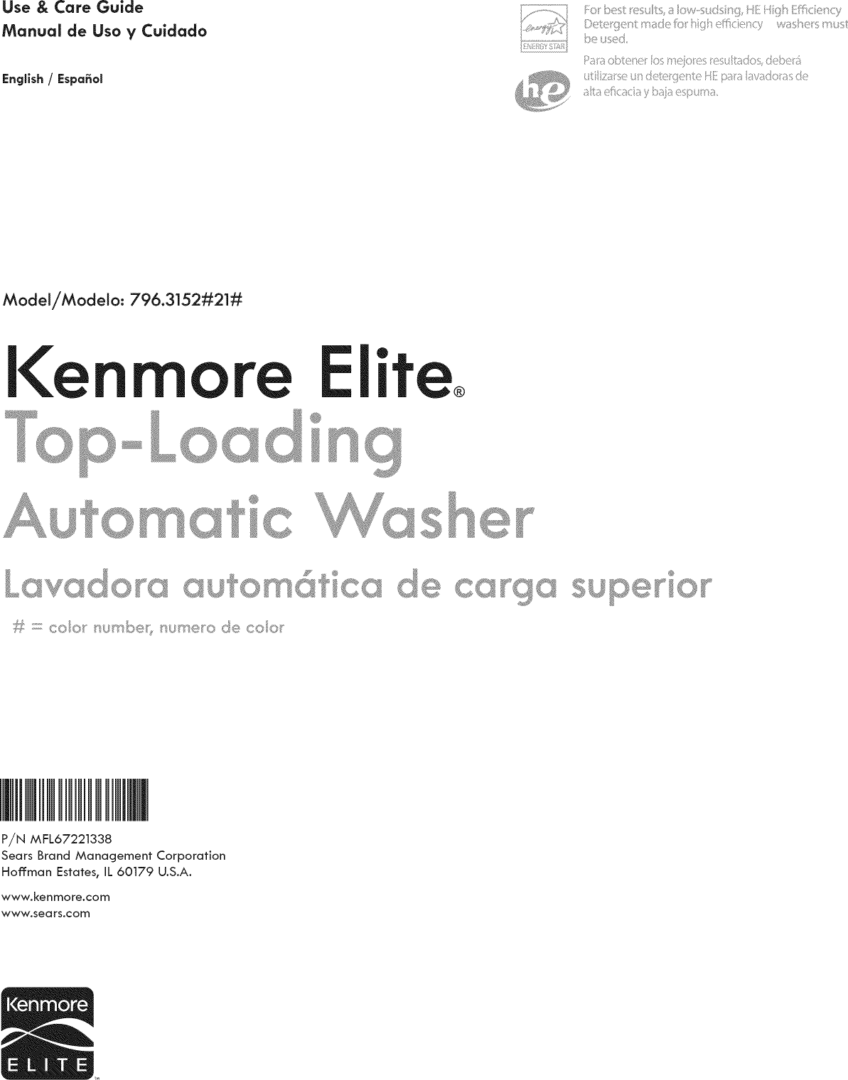 Kenmore Elite 79631522210 1205204L User Manual WASHER Manuals And Guides