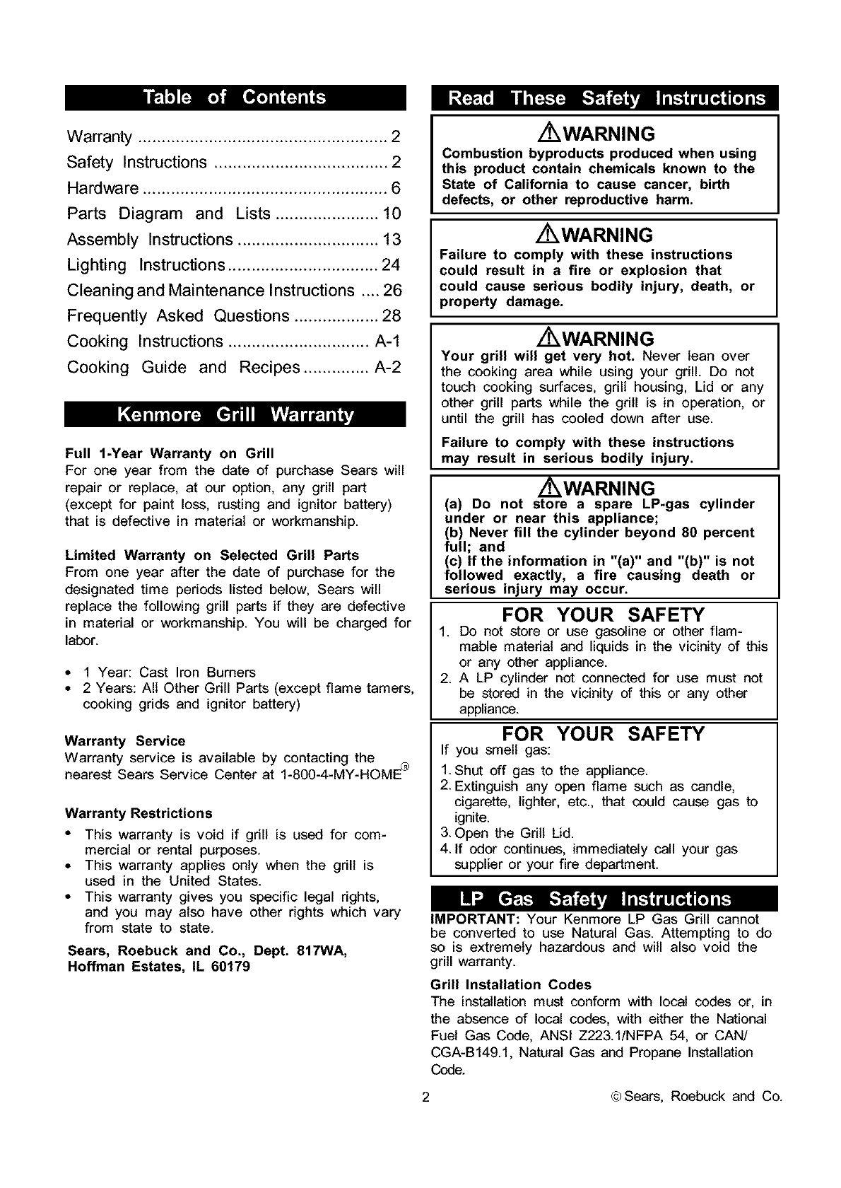 Kenmore 14116228 User Manual Liquid Propane Gas Grill Manuals And Guides L0401208