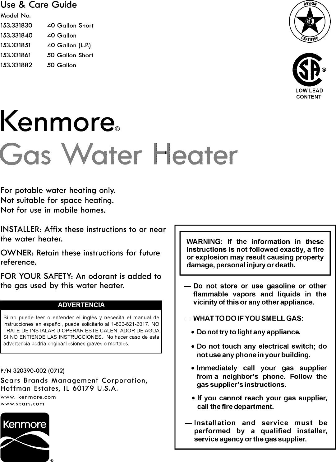 Kenmore 153331861 User Manual WATER HEATER Manuals And Guides 1304033L