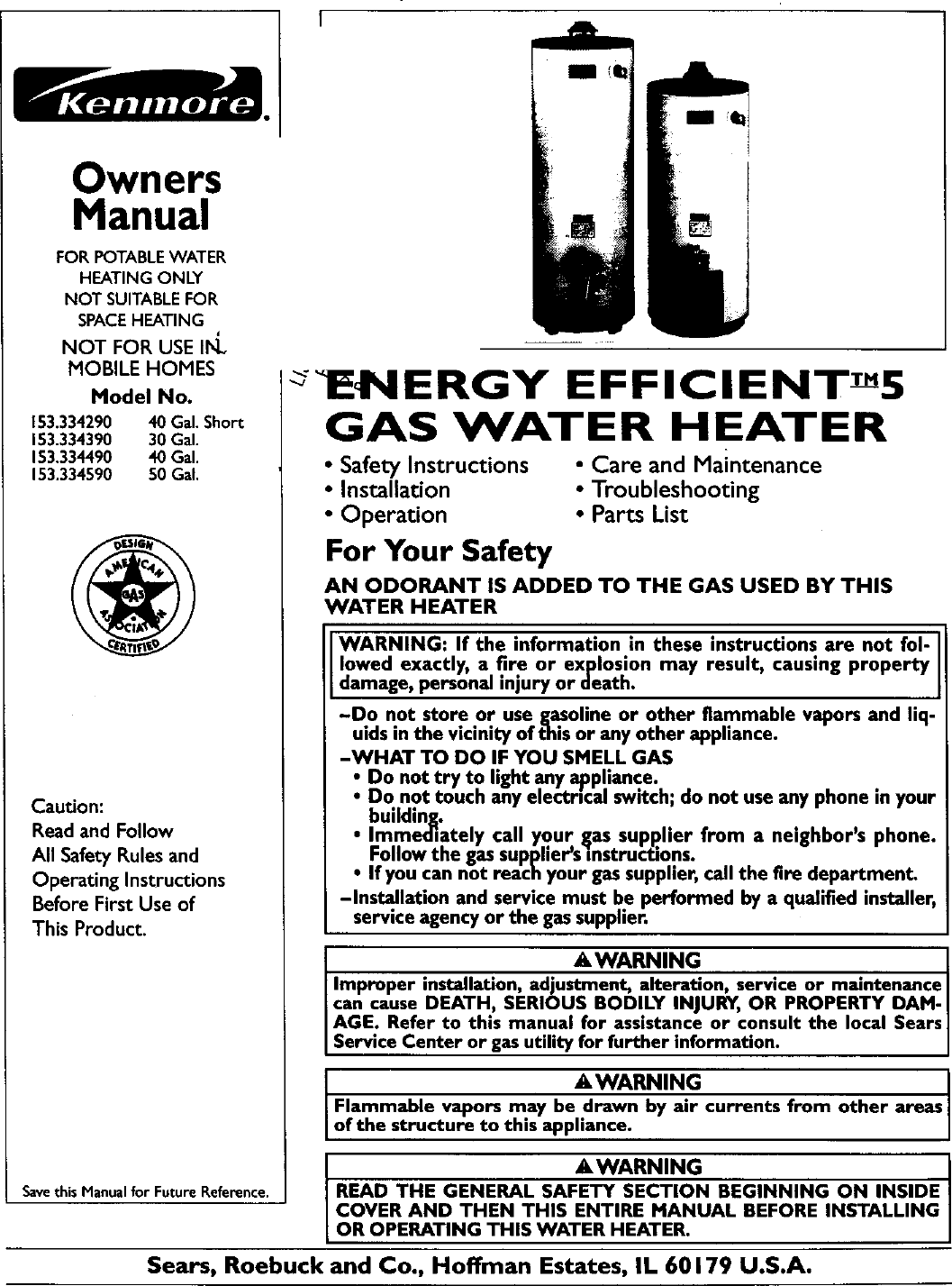 Kenmore 153334290 User Manual ENERGY EFFICIENT 5 GAS WATER HEATER Manuals  And Guides L9080252