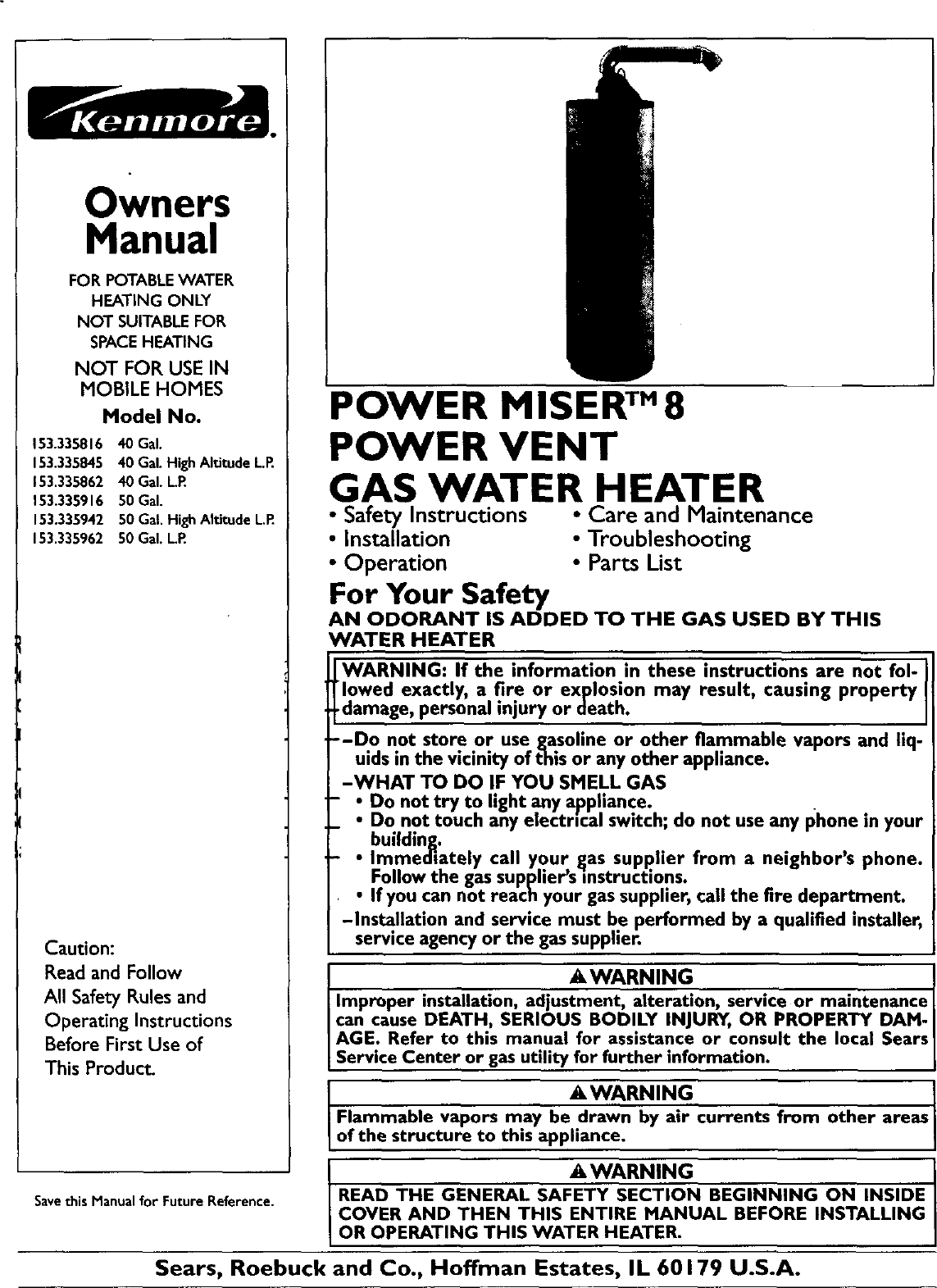 Kenmore 153335942 User Manual POWER MISER 8 VENT GAS WATER HEATER