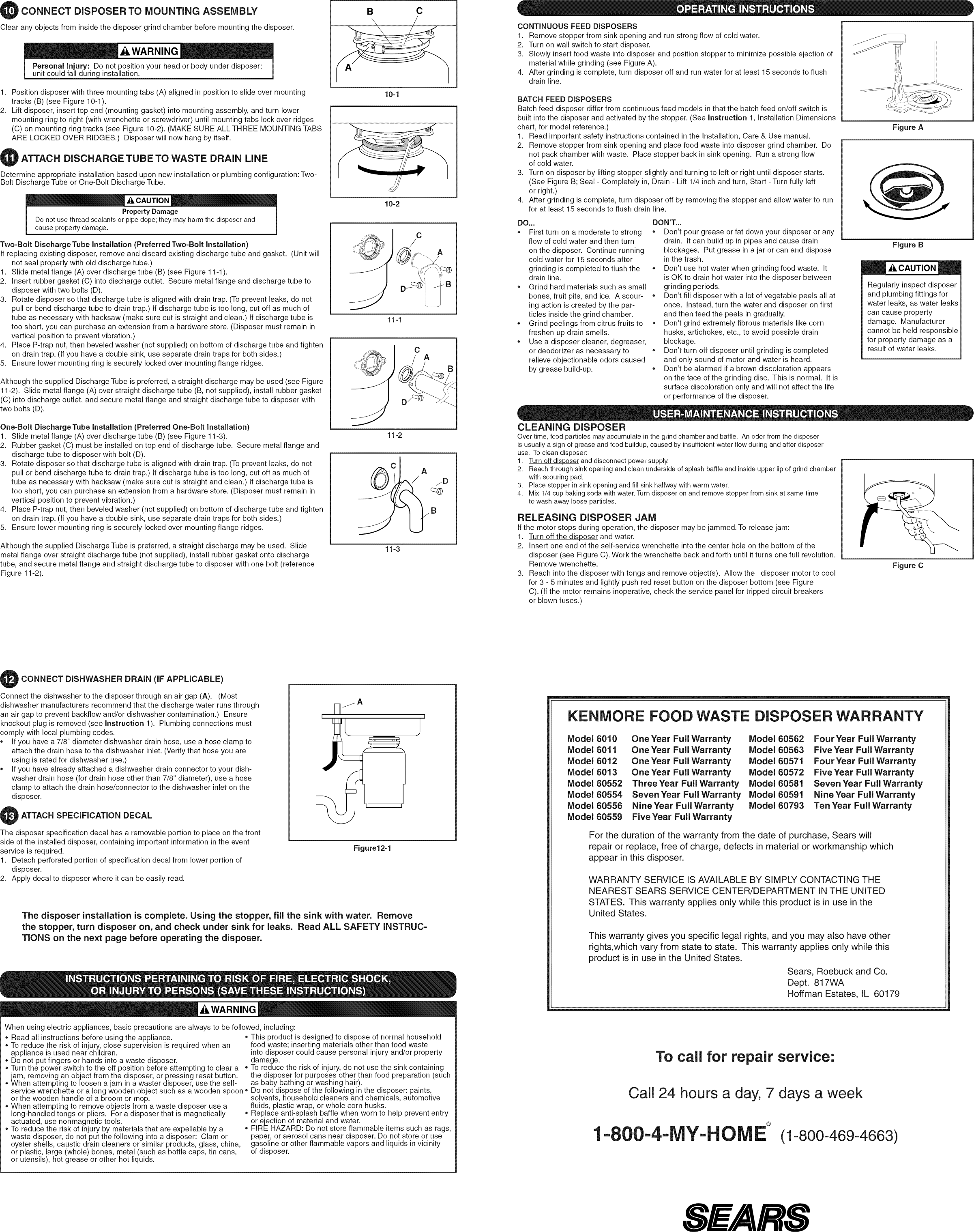 Kenmore 175610550 User Manual DISPOSER (IN SINK ERATOR) Manuals And