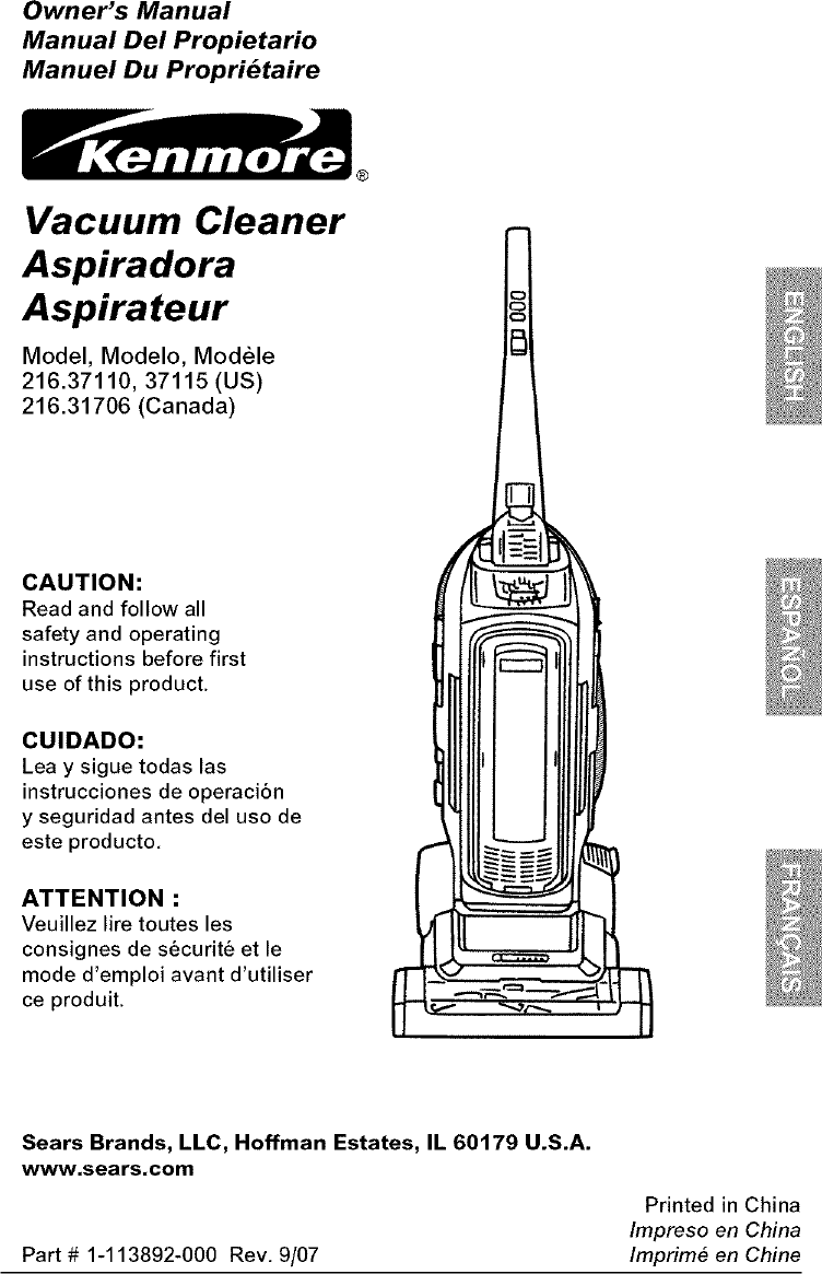 Kenmore 21637110700 User Manual VACUUM Manuals And Guides L0712556