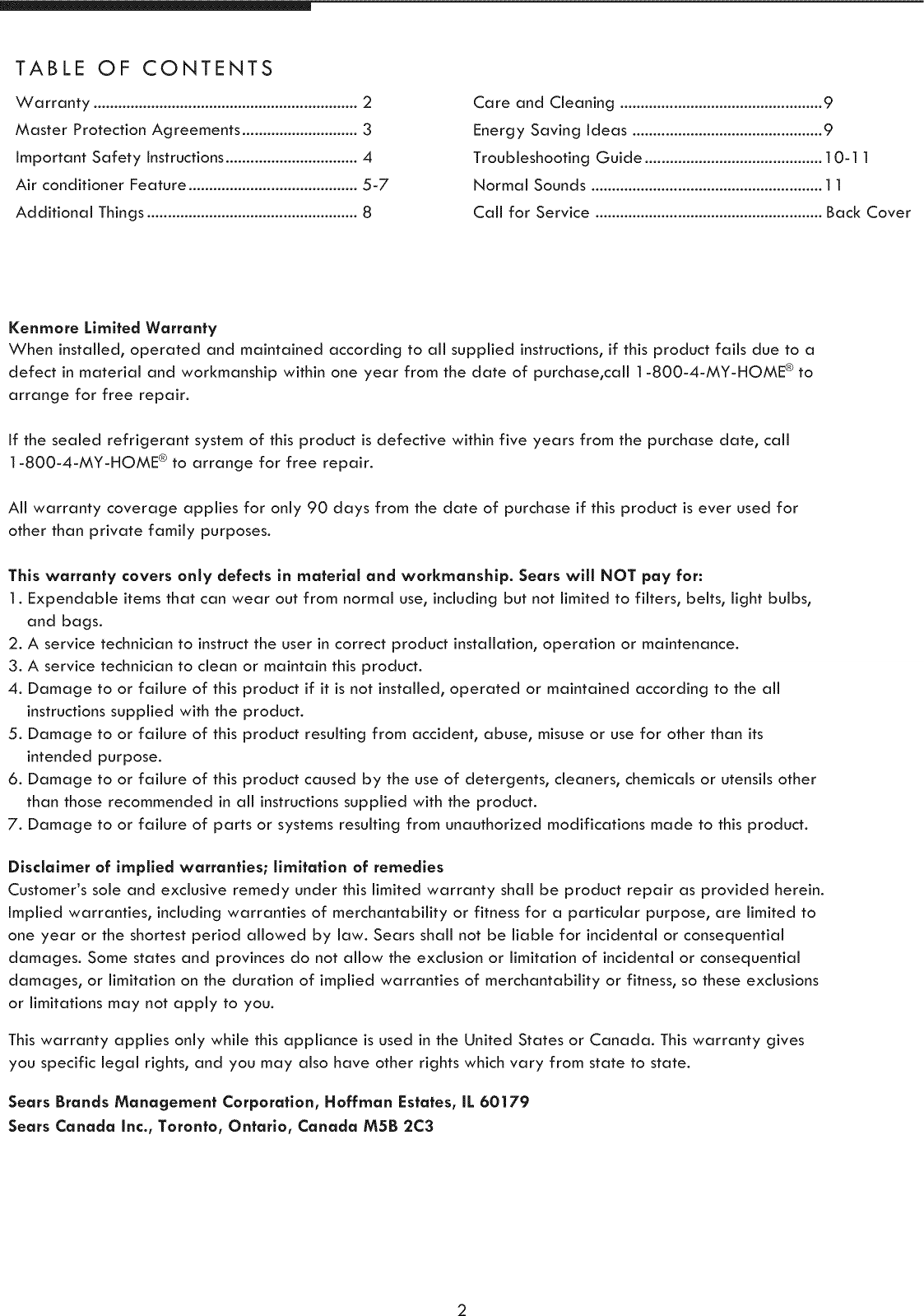 Page 2 of 12 - Kenmore 25370062011 User Manual  ROOM AIR CONDITIONER - Manuals And Guides 1206337L