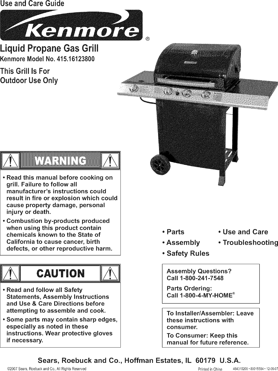 Kenmore 41516123800 User Manual Liquid Propane Gas Grill Manuals And Guides L0802625