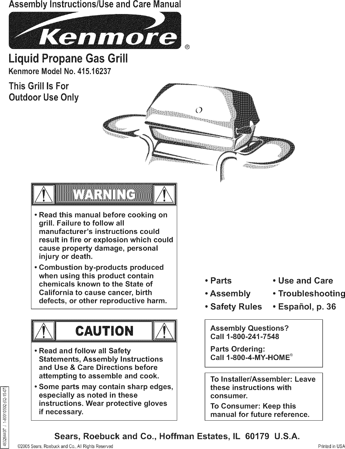 Kenmore 41516237 User Manual GAS GRILL Manuals And Guides L0703044