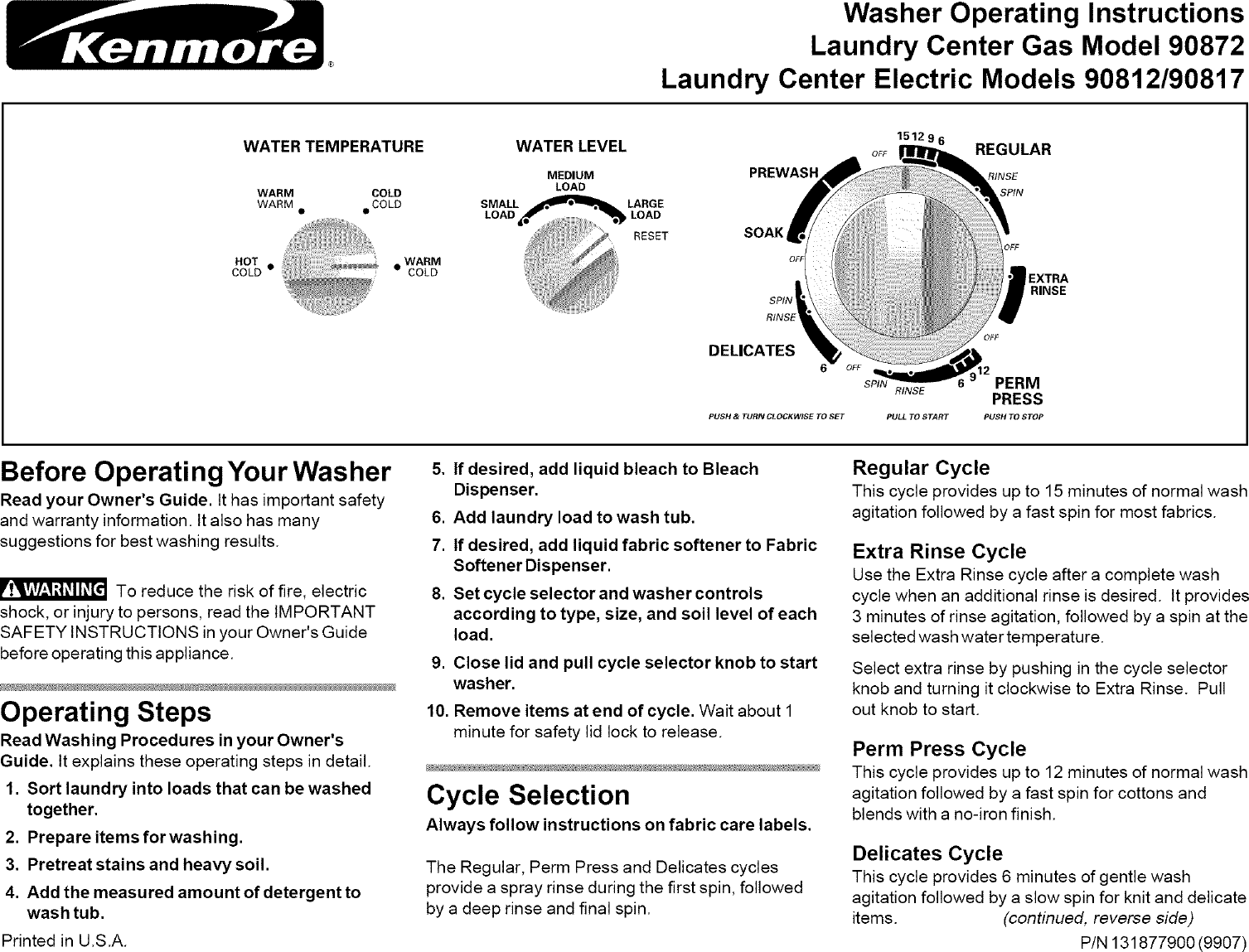 Kenmore 41790872990 User Manual LAUNDRY CENTER Manuals And Guides L0805295