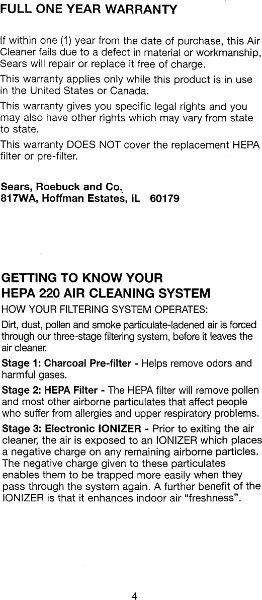 Page 4 of 11 - Kenmore 43783236 User Manual  AIR CLEANER - Manuals And Guides L0810462