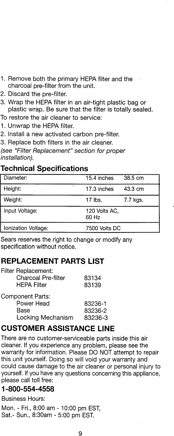 Page 9 of 11 - Kenmore 43783236 User Manual  AIR CLEANER - Manuals And Guides L0810462