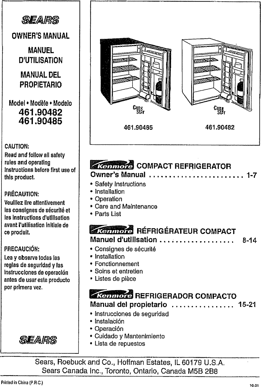 Kenmore 46190482 User Manual COMPACT REFRIGERATOR Manuals And Guides