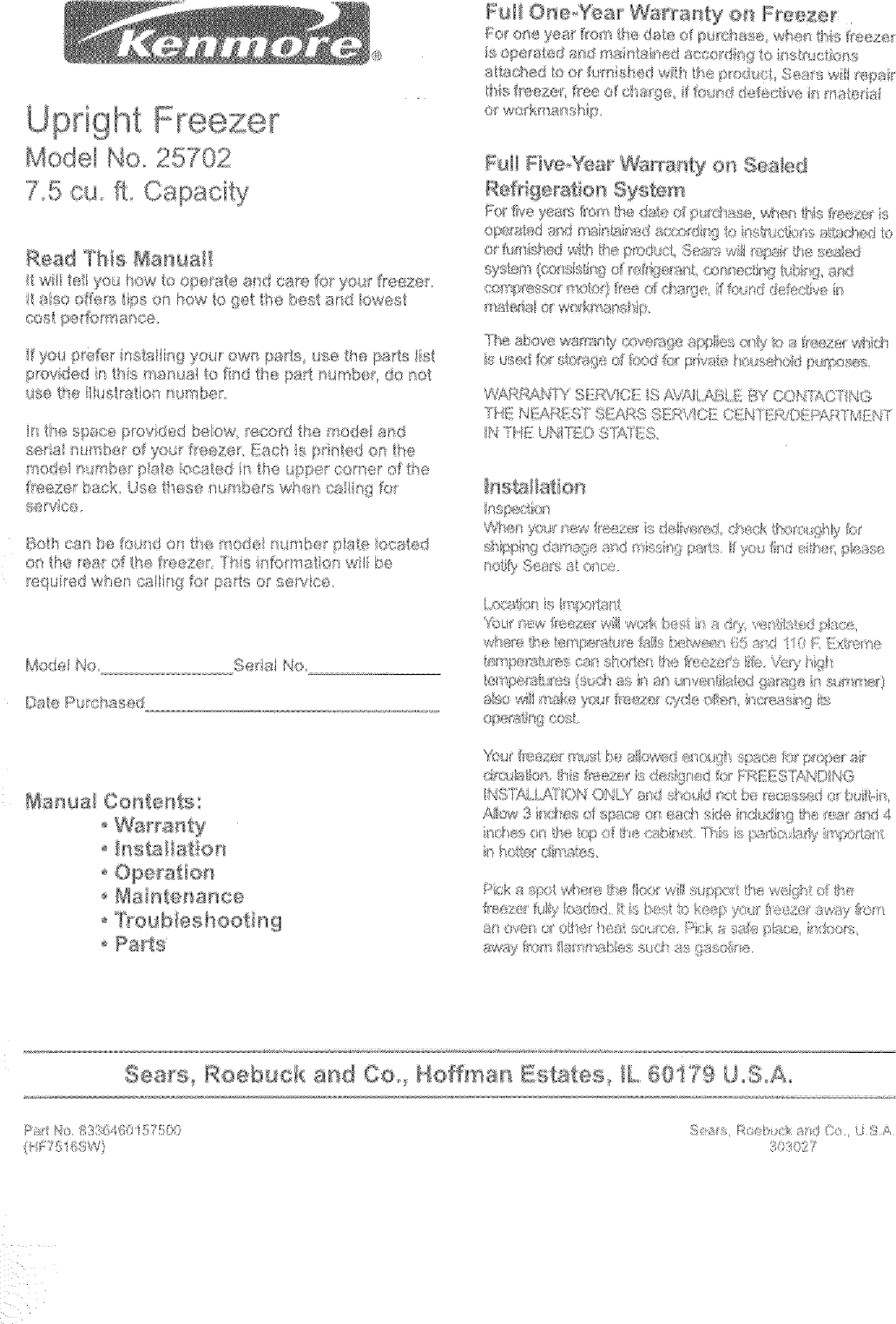 Kenmore 56425702500 User Manual FREEZER Manuals And Guides L0523066