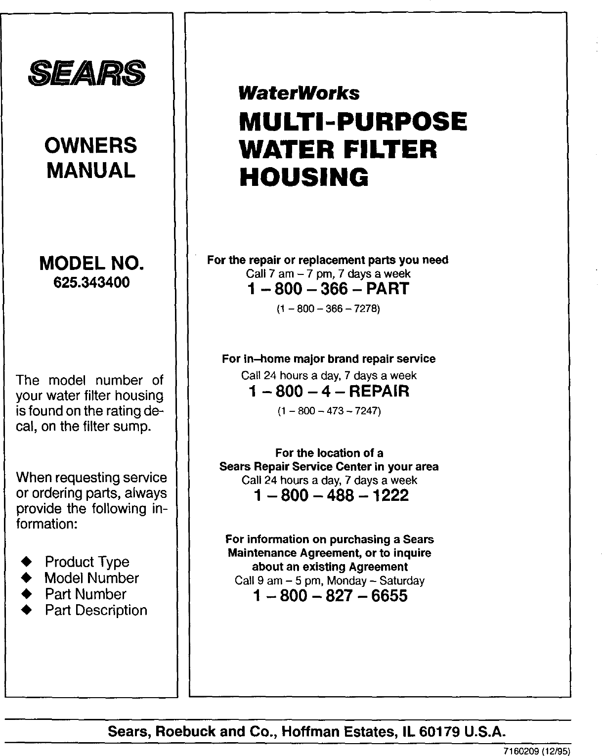 Page 12 of 12 - Kenmore 625343400 User Manual  WATER FILTER HOUSING - Manuals And Guides L0309531