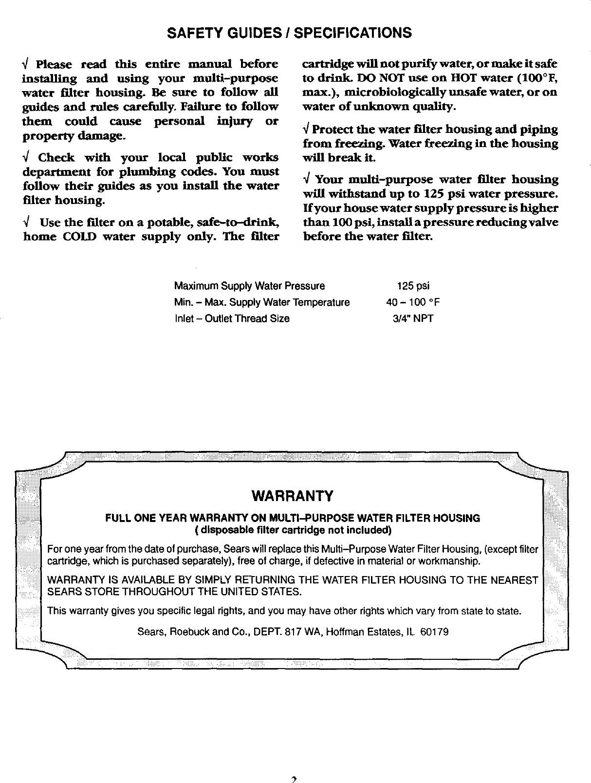 Page 2 of 12 - Kenmore 625343400 User Manual  WATER FILTER HOUSING - Manuals And Guides L0309531