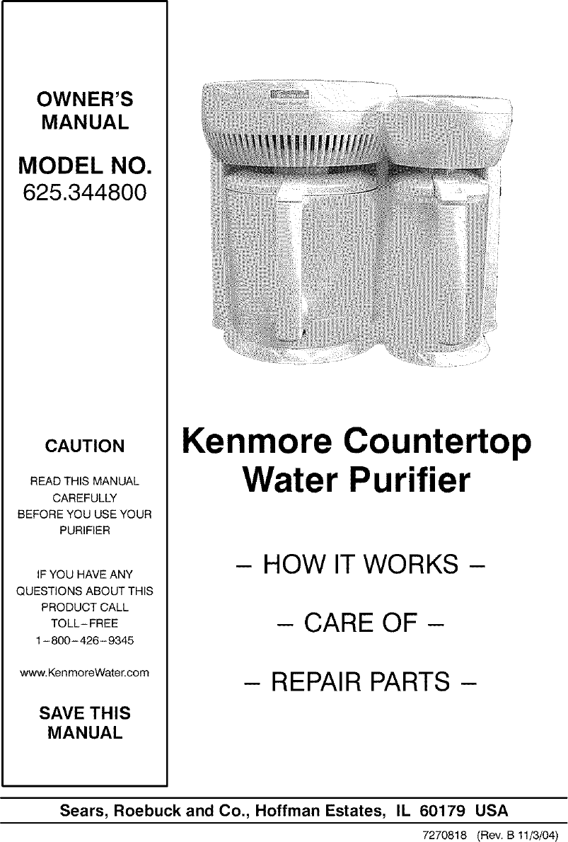 Page 1 of 7 - Kenmore 625344800 User Manual  COUNTERTOP WATER PURIFIER - Manuals And Guides L0411299