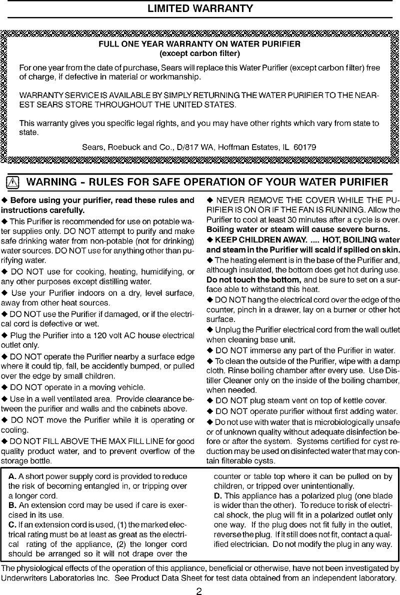 Page 2 of 7 - Kenmore 625344800 User Manual  COUNTERTOP WATER PURIFIER - Manuals And Guides L0411299