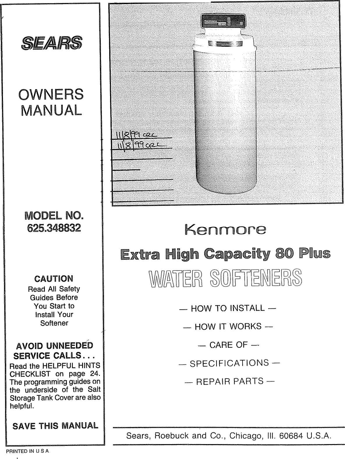 Kenmore Water Softener Manual 625 Series