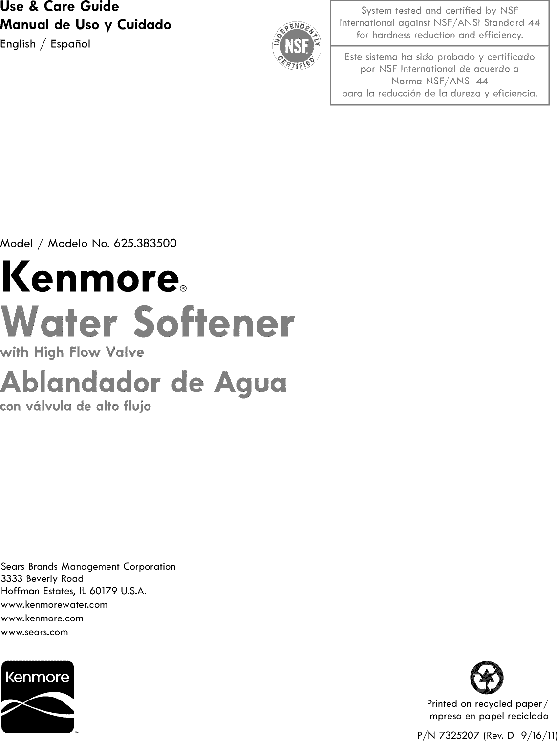 Kenmore 625383500 1109713L User Manual WATER SOFTENER Manuals And Guides