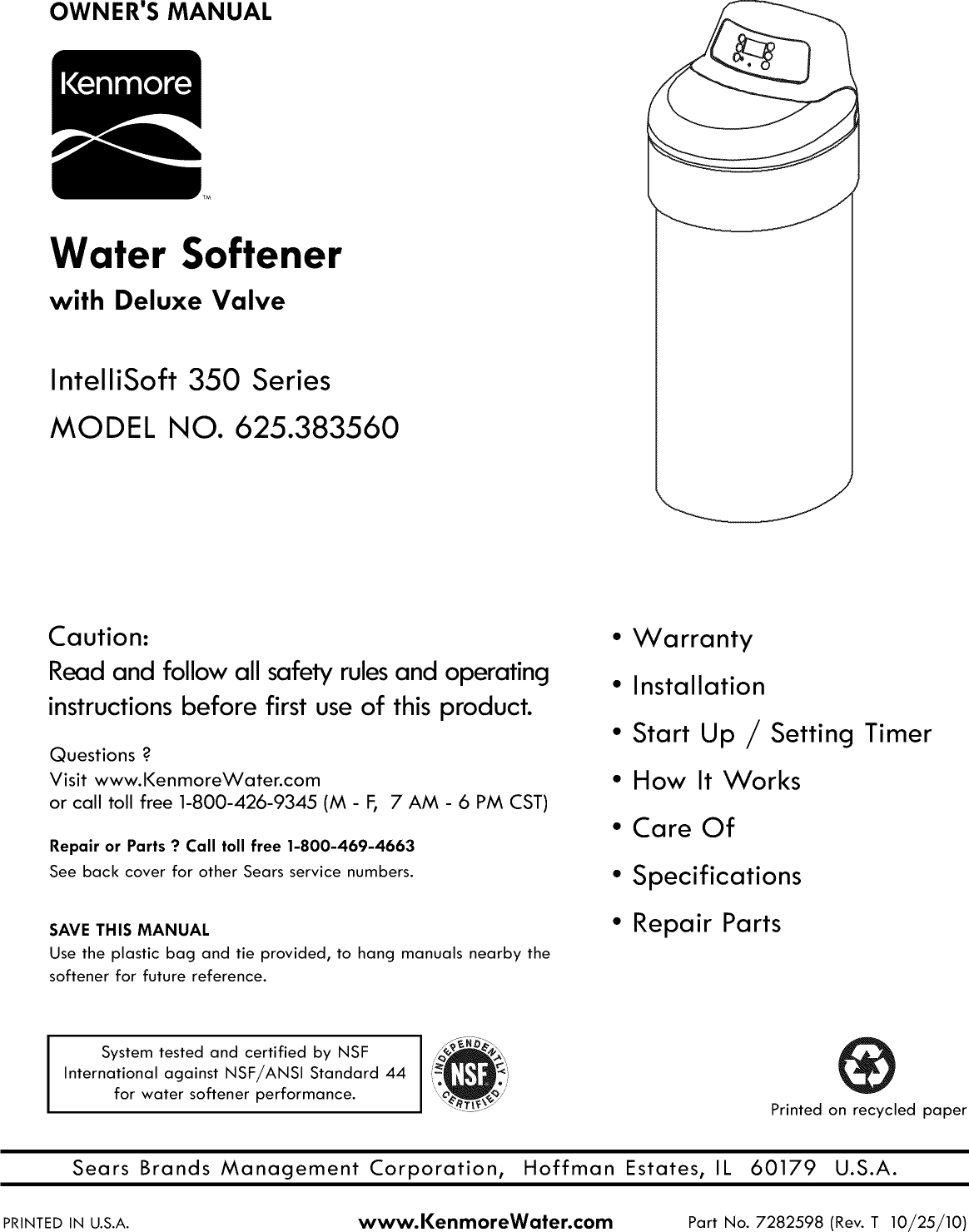 Kenmore 625383560 User Manual WATER SOFTENER Manuals And Guides 1010778L