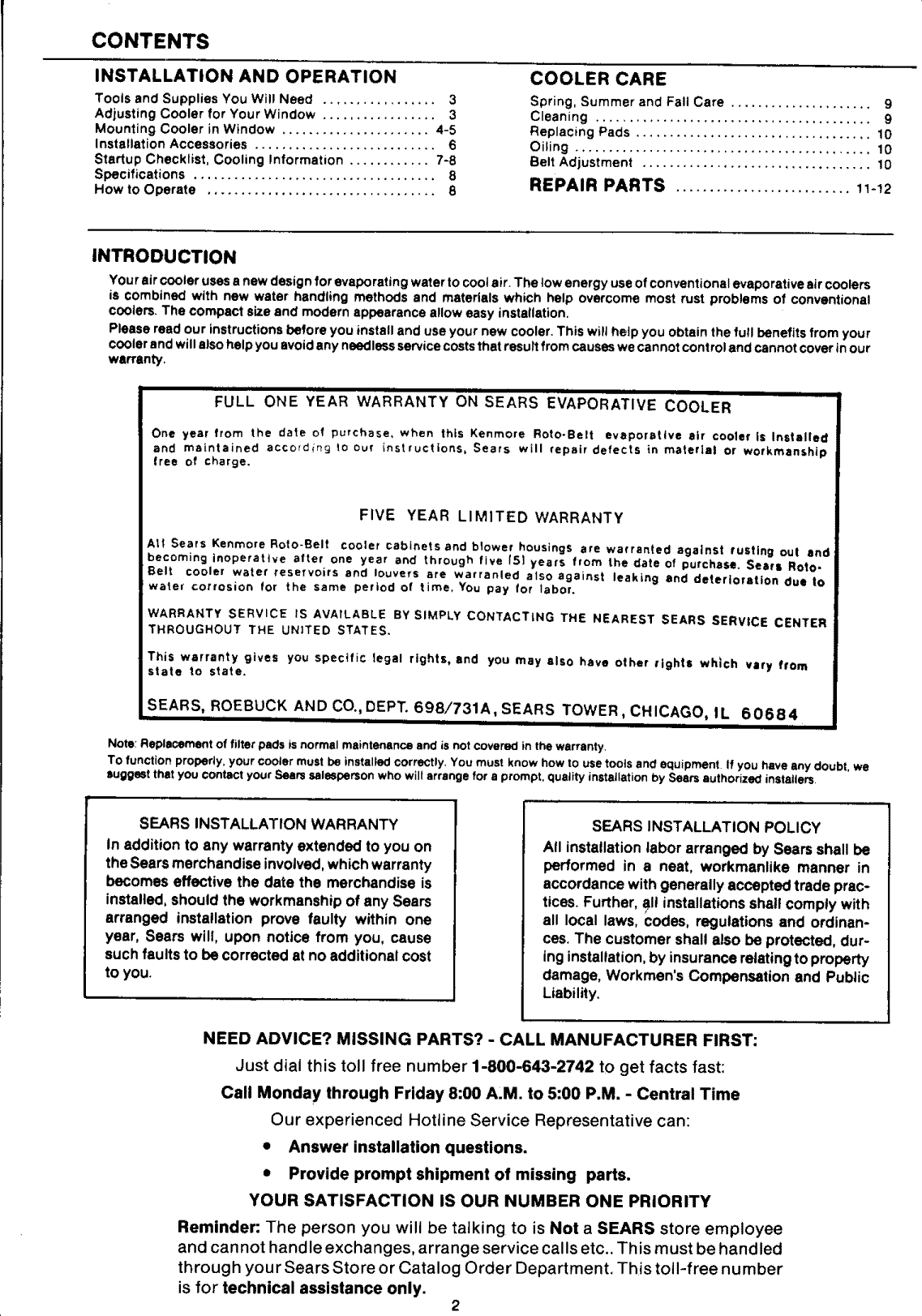 Page 2 of 12 - Kenmore 661624921 1209396L User Manual  EVAPORATIVE AIR COOLER - Manuals And Guides