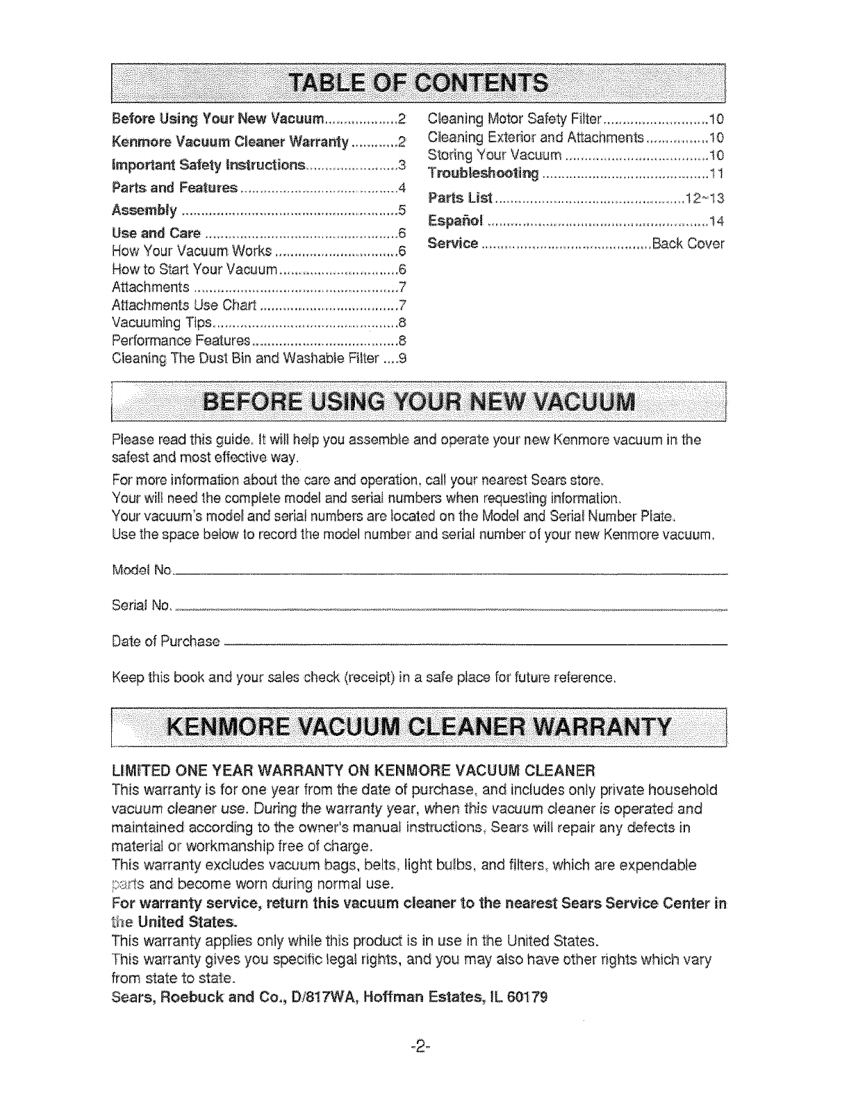 Kenmore 72123082300 User Manual VACUUM CLEANER Manuals And Guides L0808187