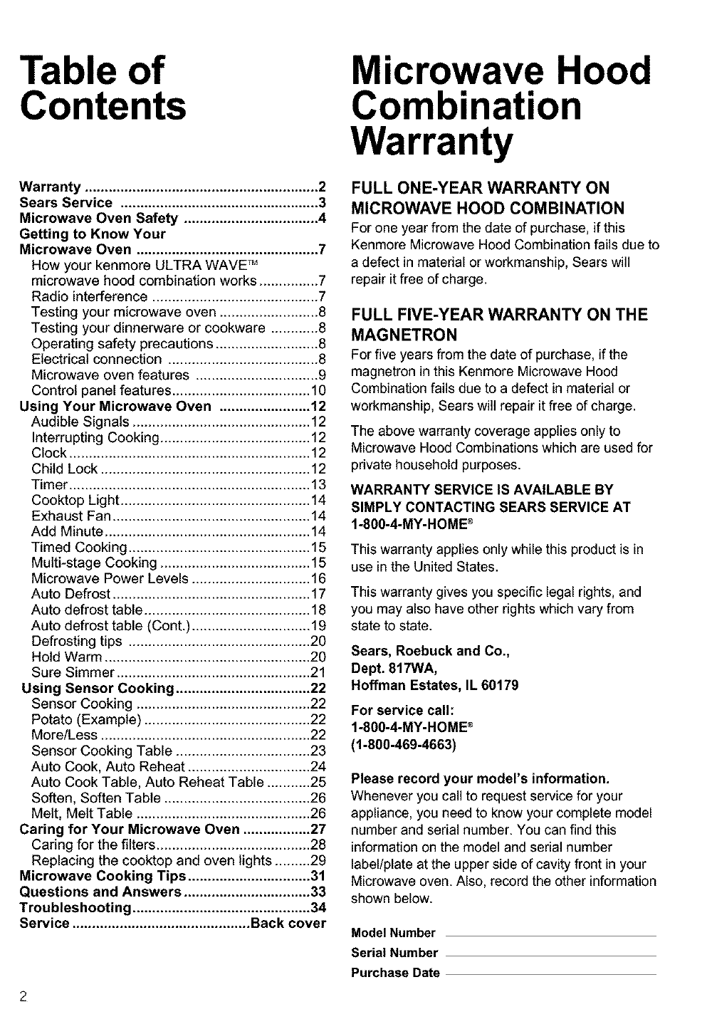 Table of. Contents Microwave Hood. Combination