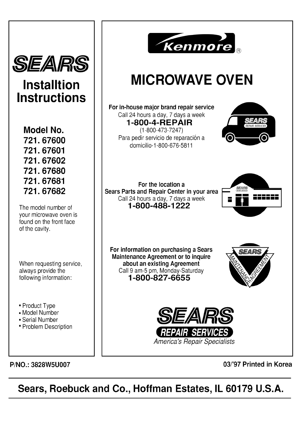 Kenmore 72167601790 User Manual MICROWAVE OVEN Manuals And Guides 1009718L