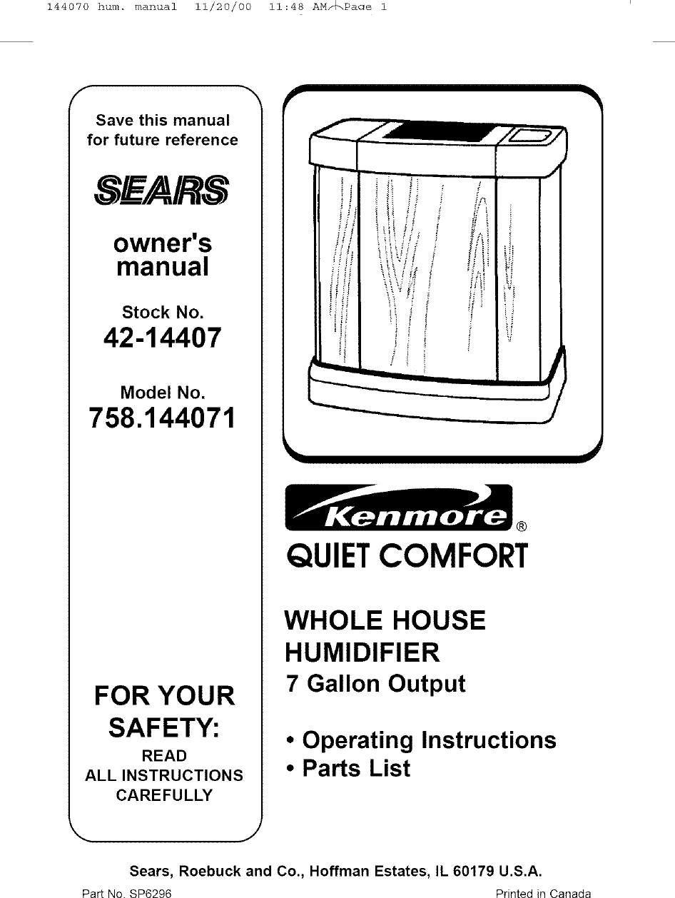 Kenmore 758144071 User Manual Humidifier Manuals And Guides L0411286