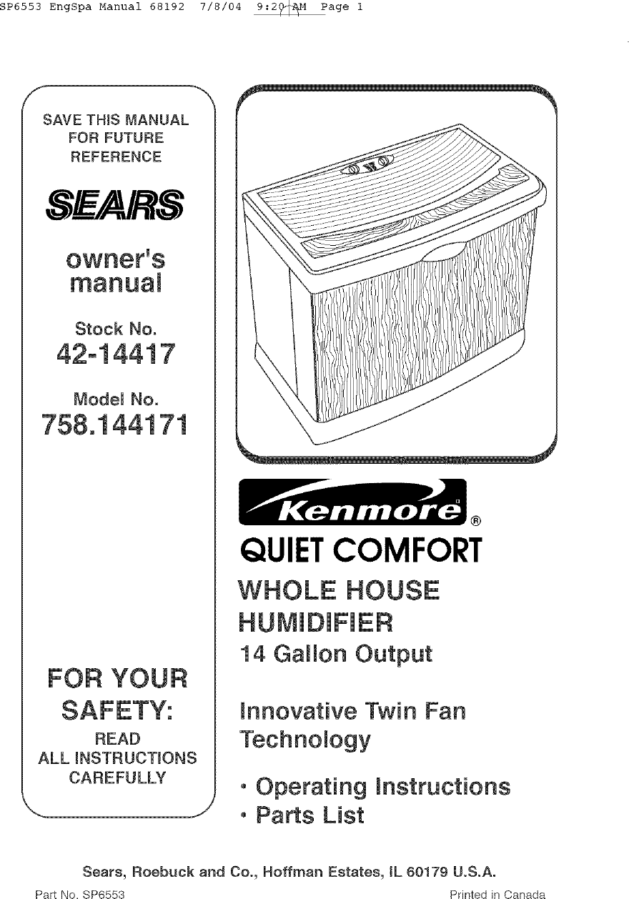 Kenmore 758144171 User Manual HUMIDIFIER Manuals And Guides L0411295