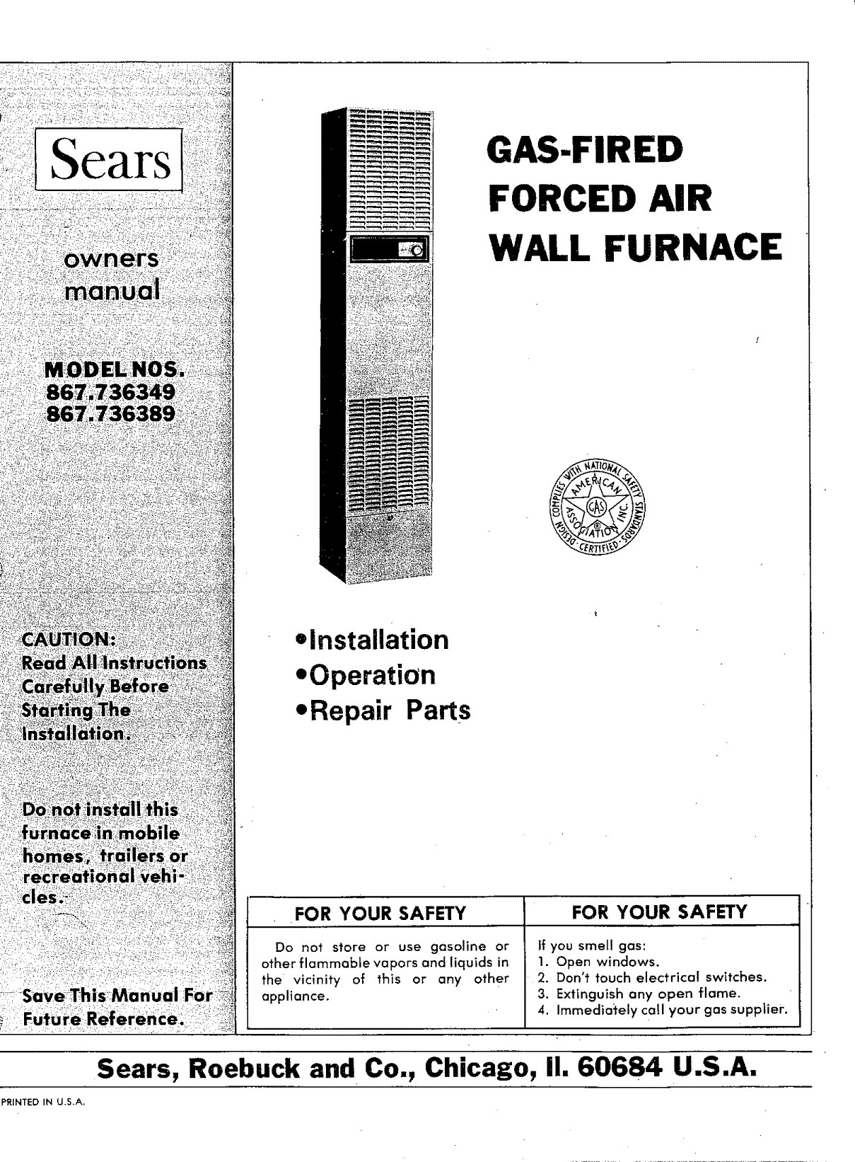 Kenmore 867736349 User Manual SEARS GAS FIRED FORCED AIR WALL FURNACE