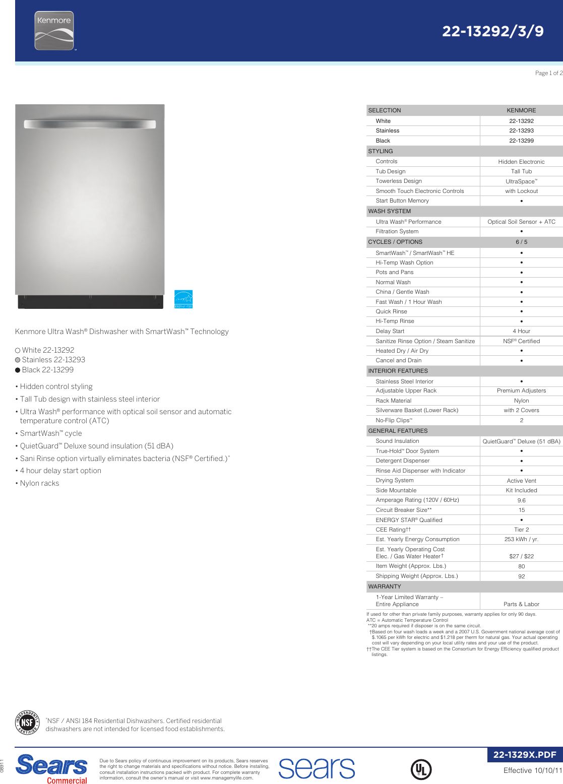 Page 1 of 2 - Kenmore Kenmore-13293-Quick-Start-Guide