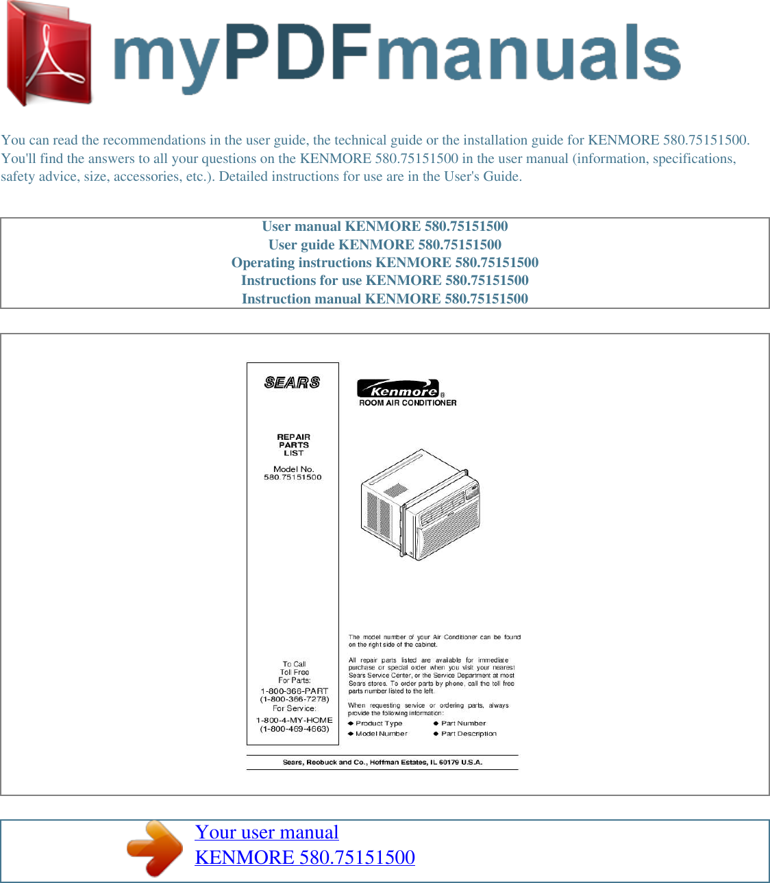 Page 1 of 2 - Kenmore Kenmore-Air-Conditioner-580-751515-Users-Manual- User Manual 580.75151500  Kenmore-air-conditioner-580-751515-users-manual