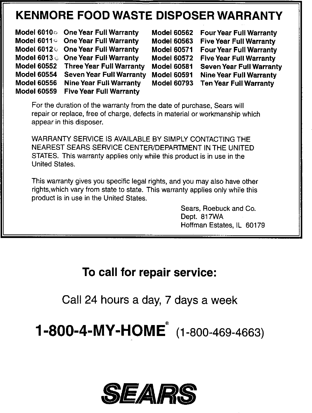 Page 8 of 8 - Kenmore Kenmore-Kenmore-1-2-Hp-Garbage-Disposal-Specifications-  Kenmore-kenmore-1-2-hp-garbage-disposal-specifications