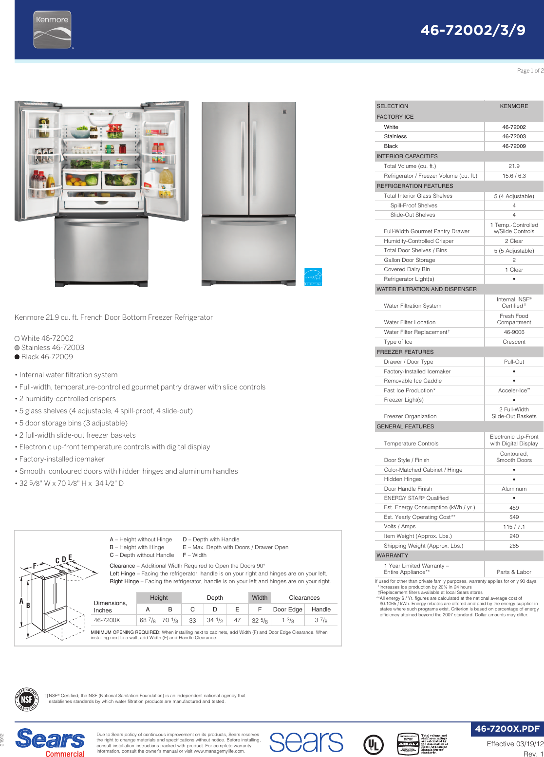Page 1 of 2 - Kenmore Kenmore-Kenmore-22-Cu-Ft-French-Door-Bottom-Freezer-Refrigerator-W-Internal-Dispenser-Black-Specifications-  Kenmore-kenmore-22-cu-ft-french-door-bottom-freezer-refrigerator-w-internal-dispenser-black-specifications