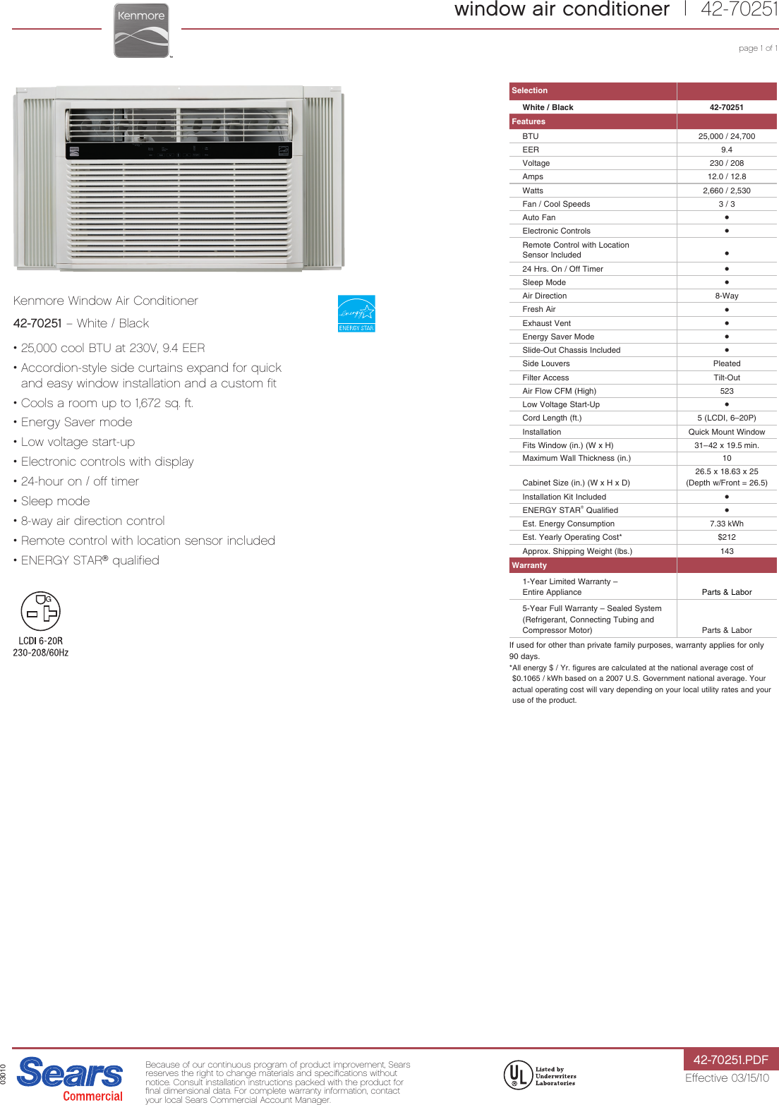 Page 1 of 1 - Kenmore Kenmore-Kenmore-25000-Btu-Room-Air-Conditioner-Specifications-  Kenmore-kenmore-25000-btu-room-air-conditioner-specifications